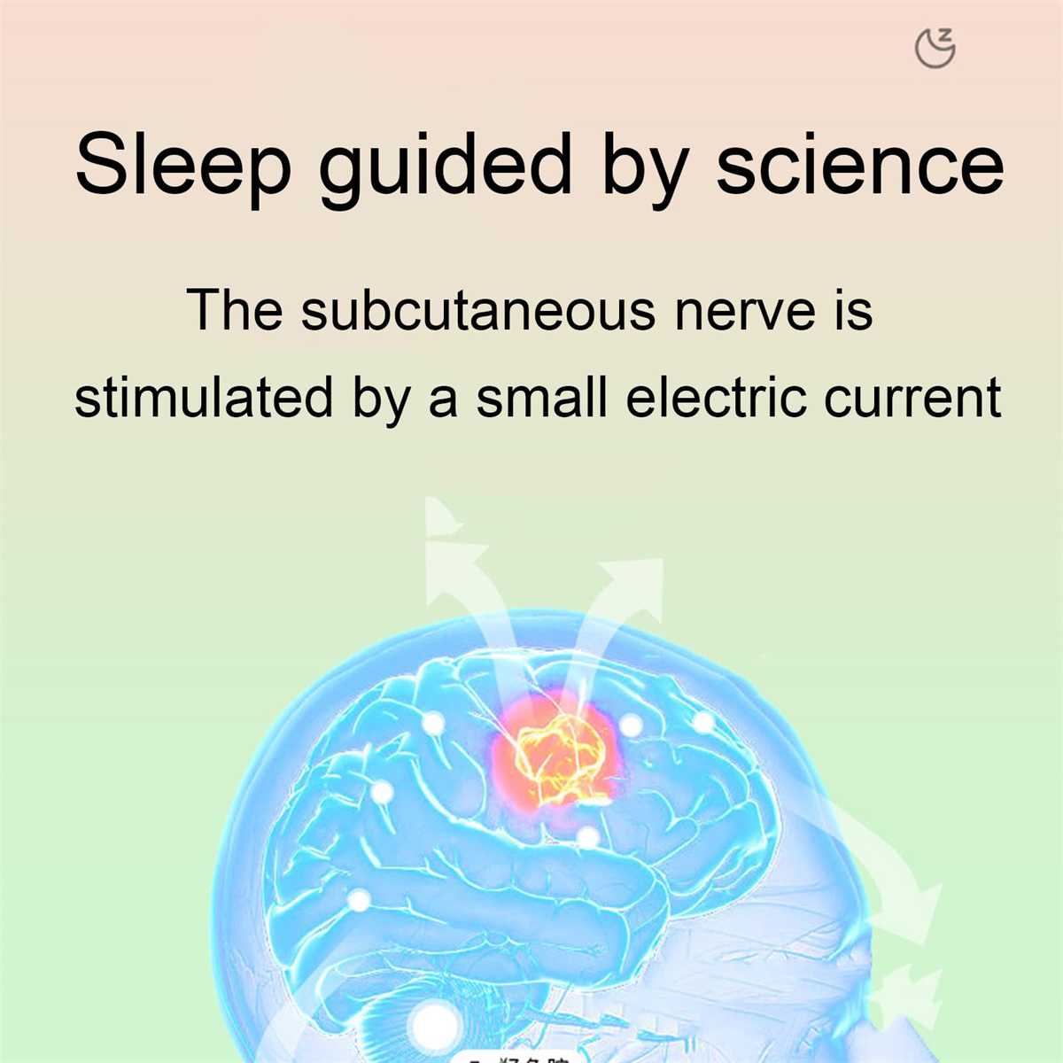 Das Bild zeigt ein Gehirnmodell mit Pfeilen, Text über wissenschaftlich gesteuerten Schlaf und einen kleinen elektrischen Strom.