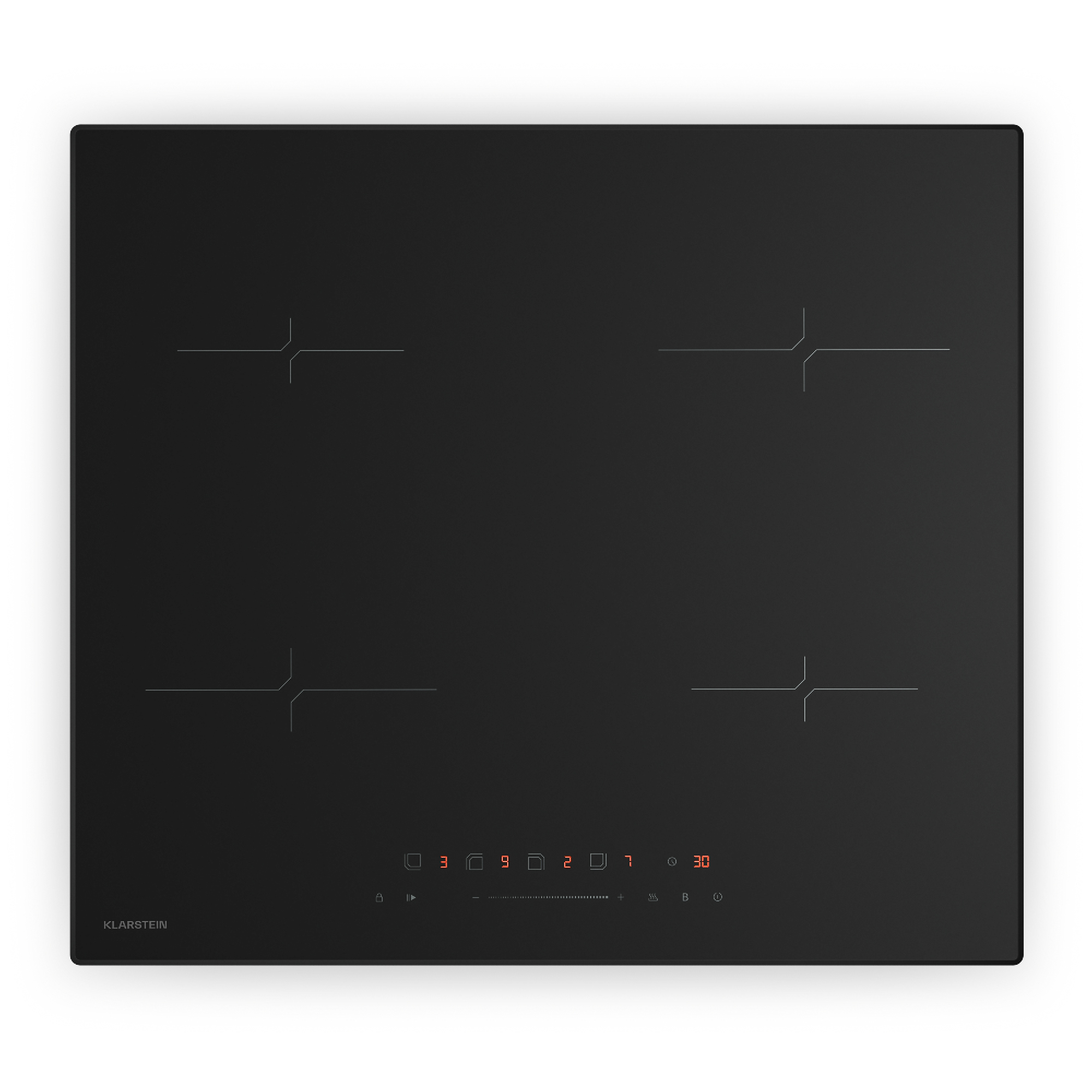 Una placa de inducción negra con cuatro zonas de cocción. Tiene controles digitales con pantalla naranja.