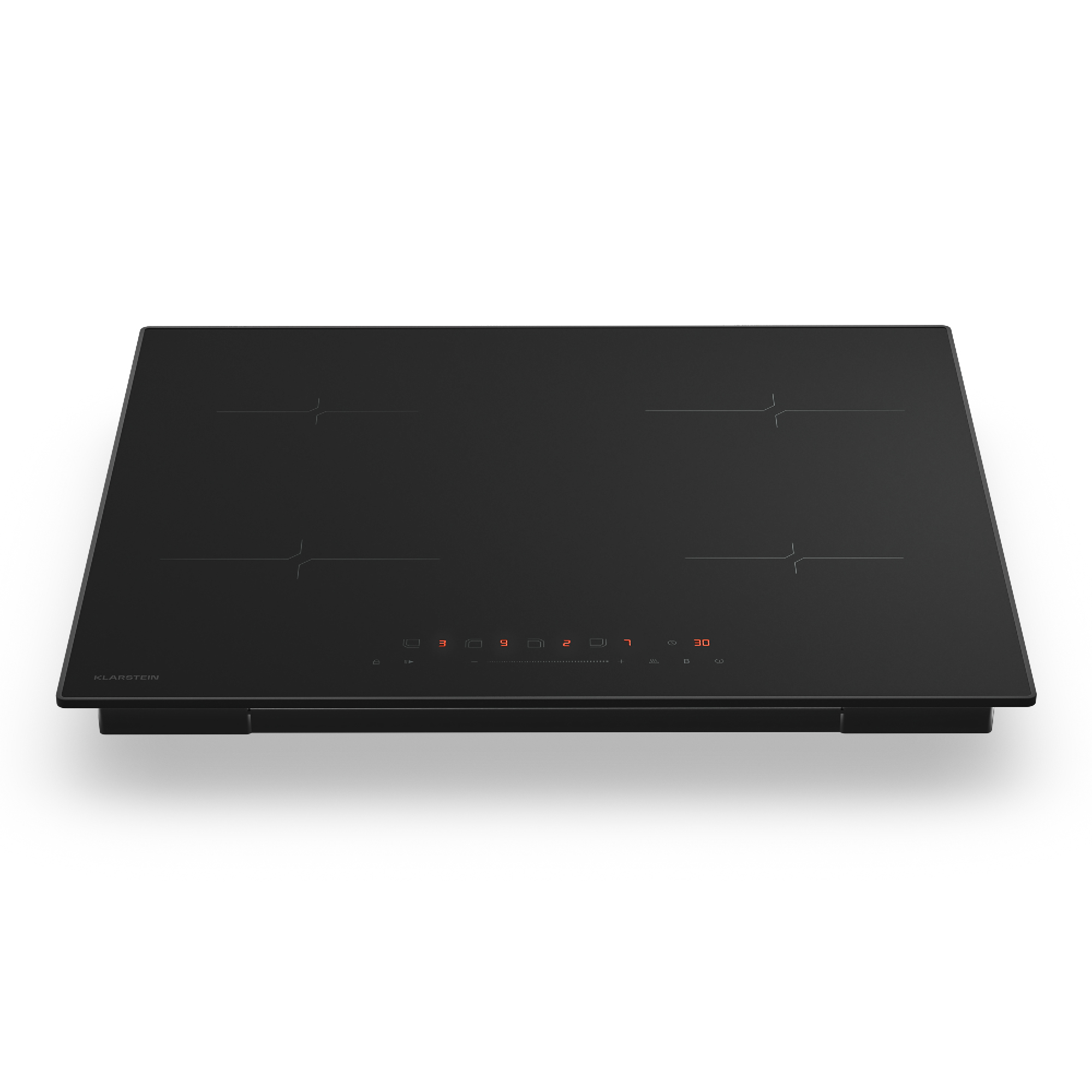 Una placa de inducción negra con cuatro quemadores y una pantalla digital. La marca 'Klarstein' es visible. Aislada sobre fondo blanco.