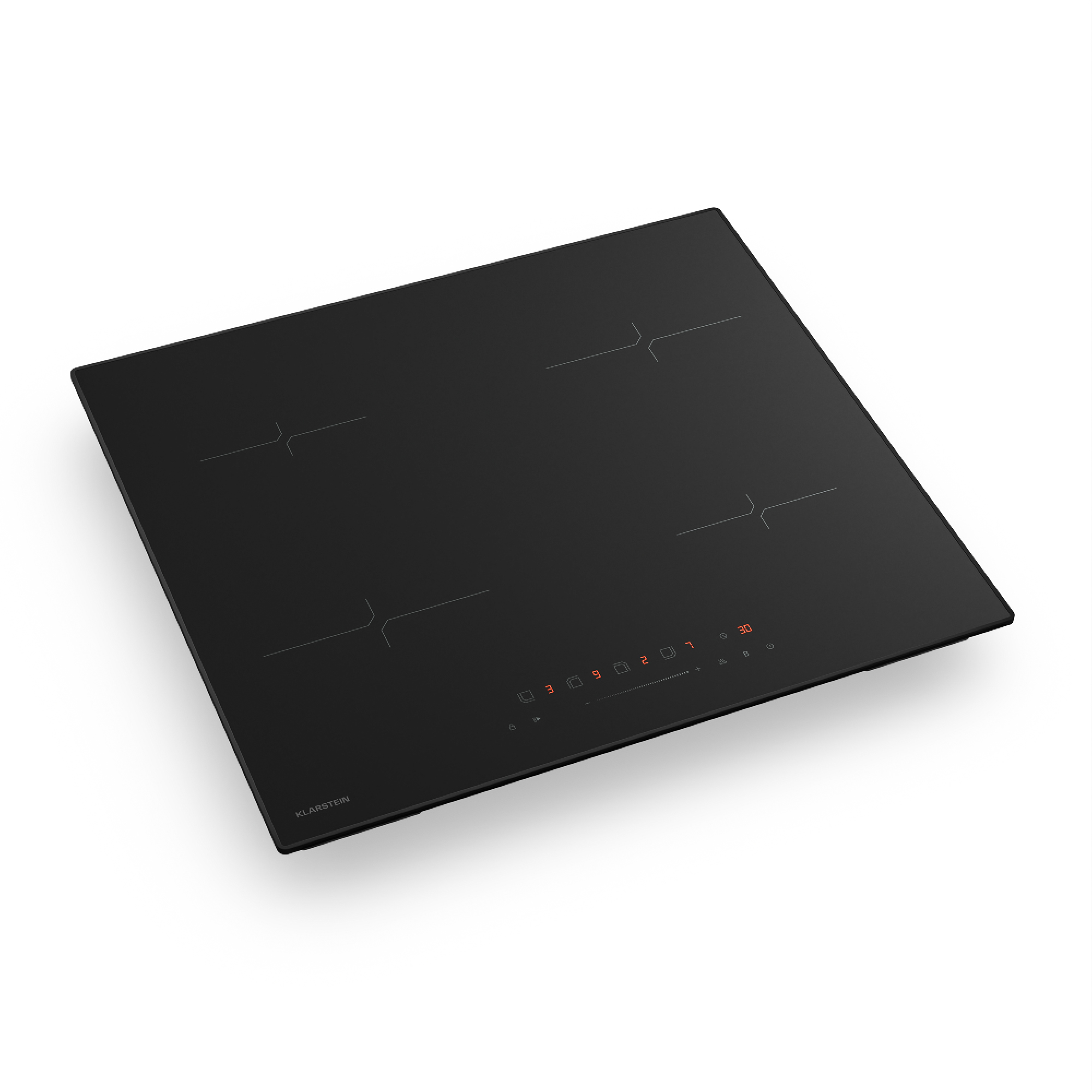 Placa de inducción negra con cuatro zonas de cocción. Pantalla digital roja con números. Logo Klarstein visible.