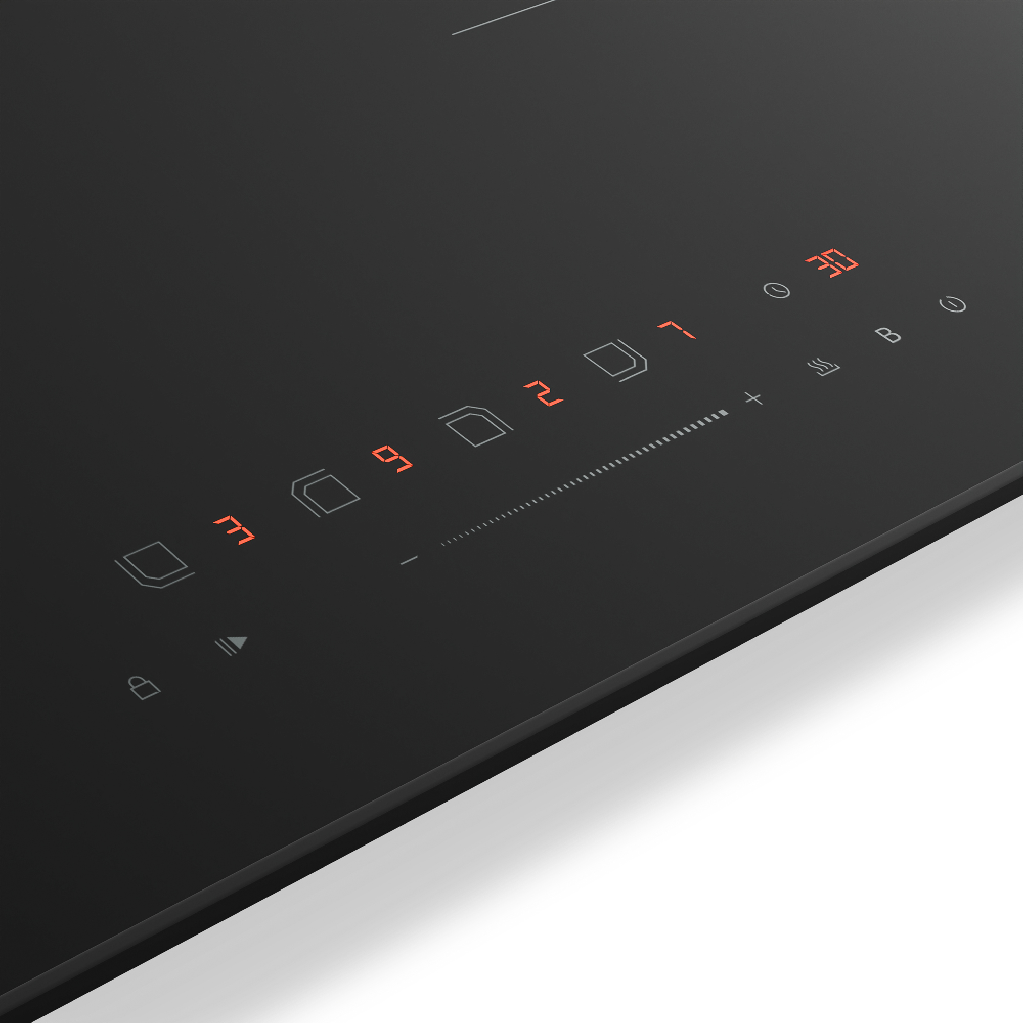 Encimera de inducción negra con pantalla digital naranja. Muestra números y símbolos de potencia, temporizador y otras funciones.