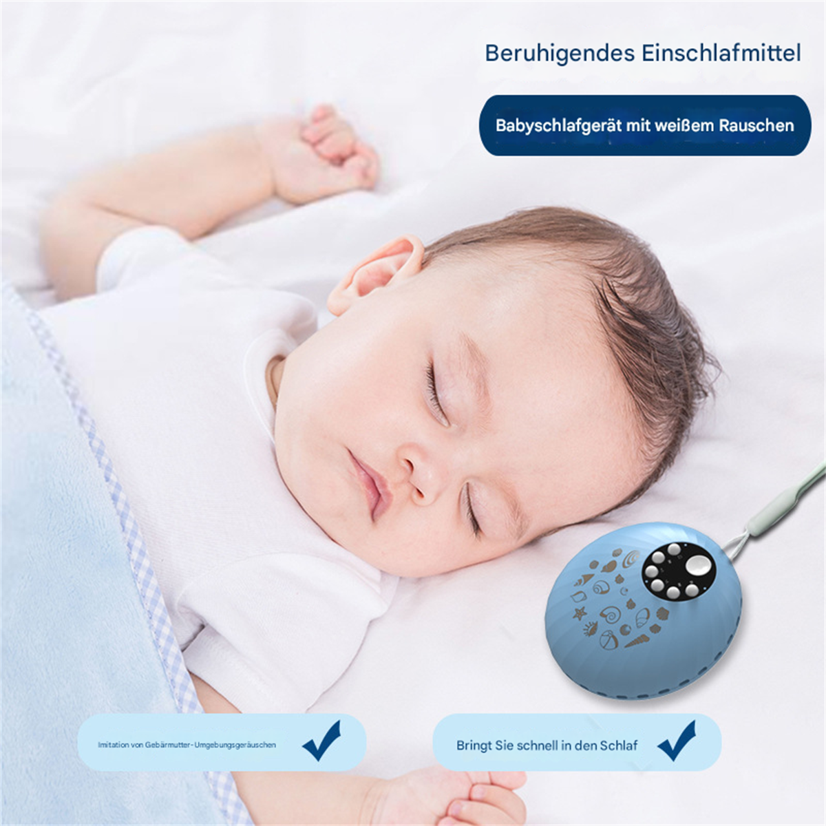 Schlafendes Baby auf weißem Laken, blaue Geräuschmaschine daneben. Text: beruhigende Schlafhilfe, bringt dich schnell zum Schlafen.