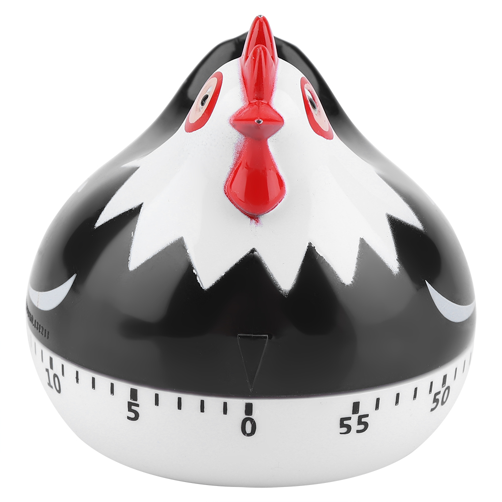 Ein huhnförmiger Küchentimer. Er ist schwarz und weiß, mit rotem Kamm und Kehllappen. Zahlen markieren die Zeit.