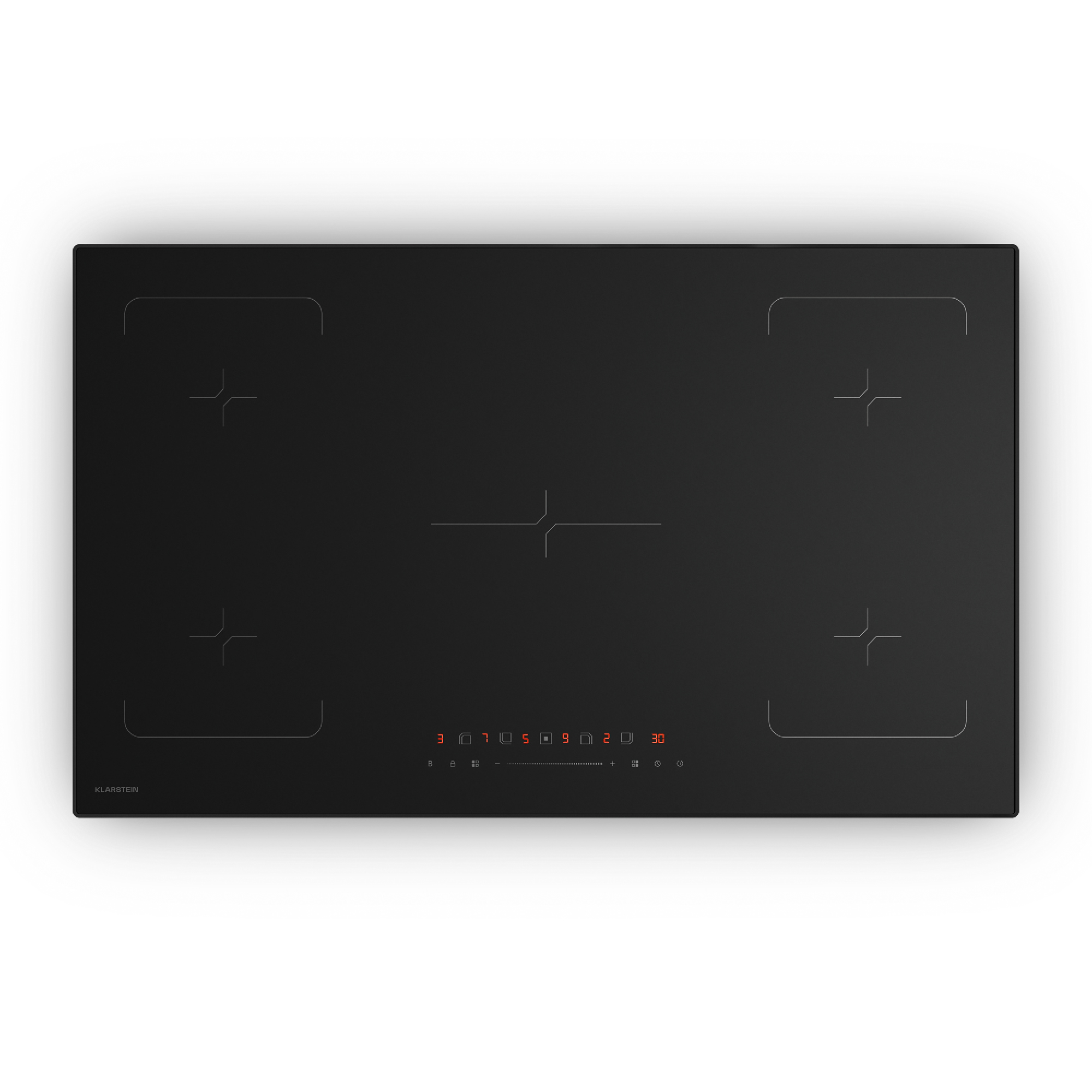Placa de inducción negra sobre fondo blanco. Tiene cuatro zonas de cocción, pantalla digital y panel de control. La marca es Klarstein.