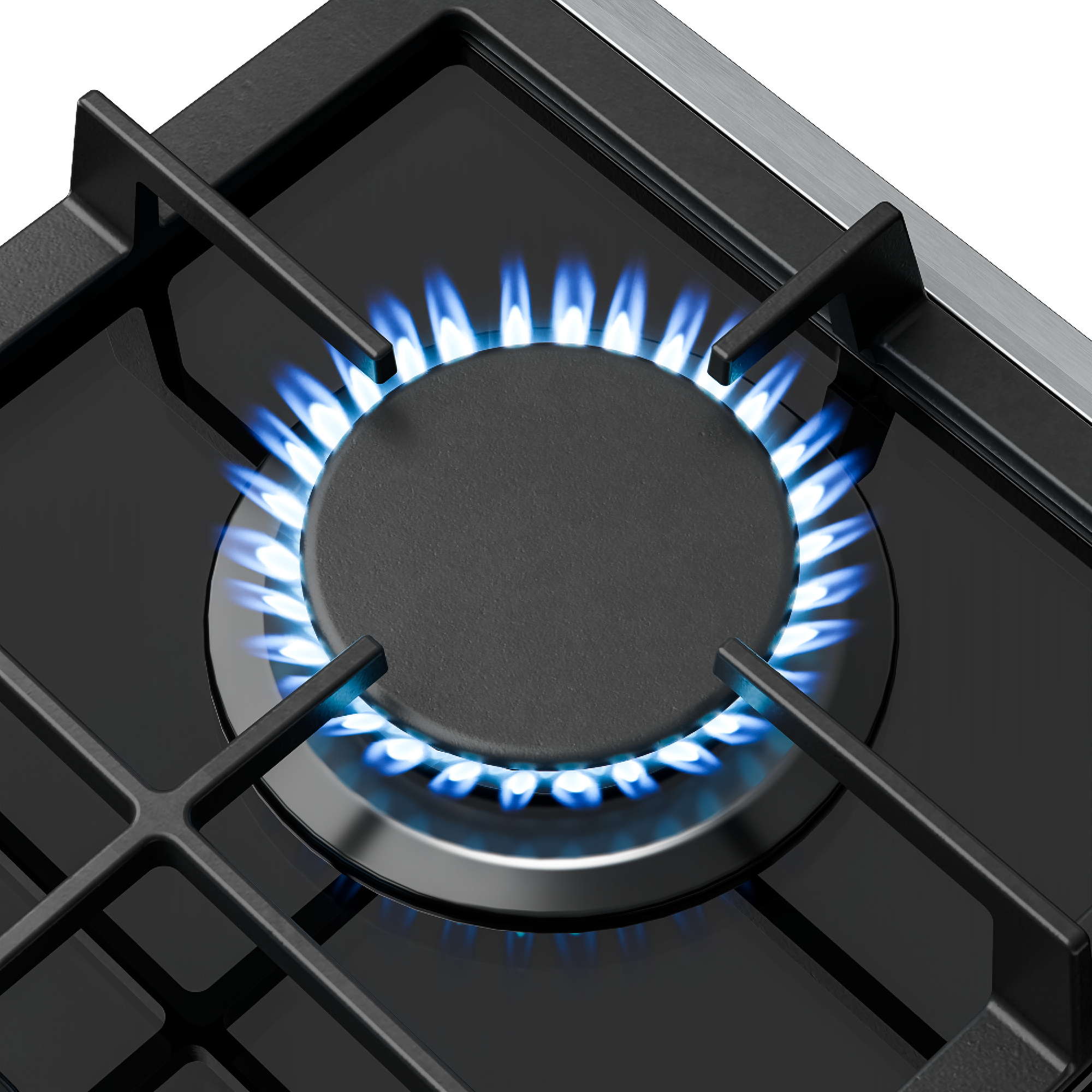 Nahaufnahme eines Gasherd-Brenners mit blauen Flammen. Schwarze Roste umgeben den Brenner. Edelstahlkante.