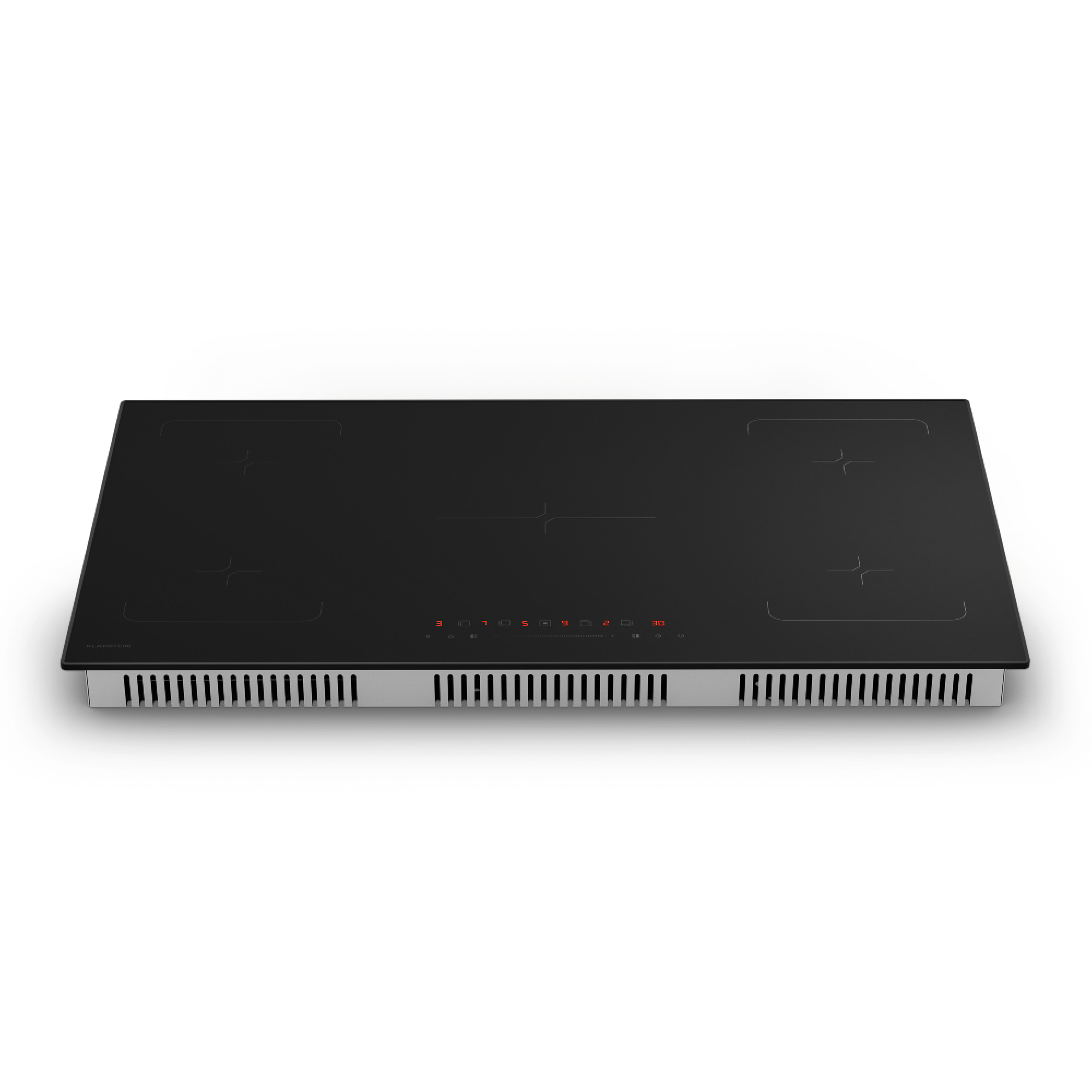 Una placa de inducción negra con ribete plateado. Tiene cuatro quemadores y una pantalla digital. El fondo es blanco.