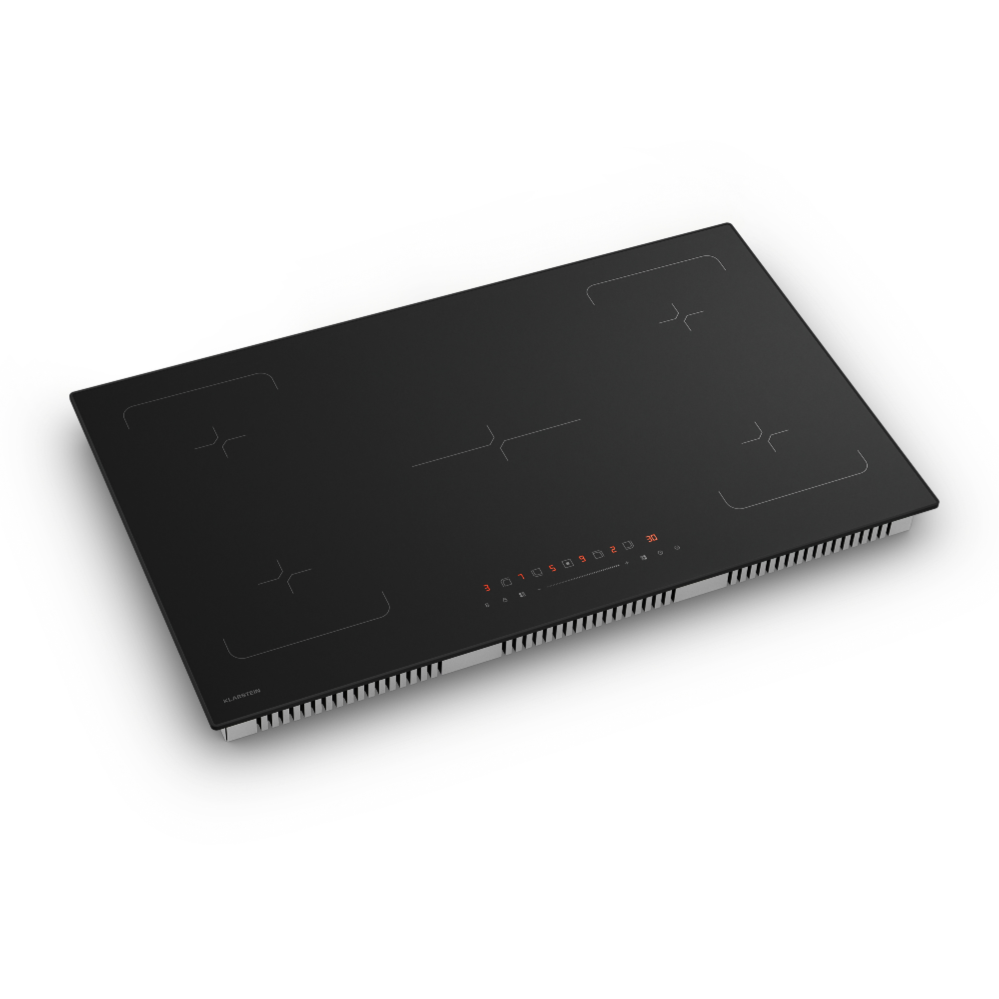Una placa de inducción negra con cuatro quemadores y una pantalla digital. La placa tiene un borde plateado.