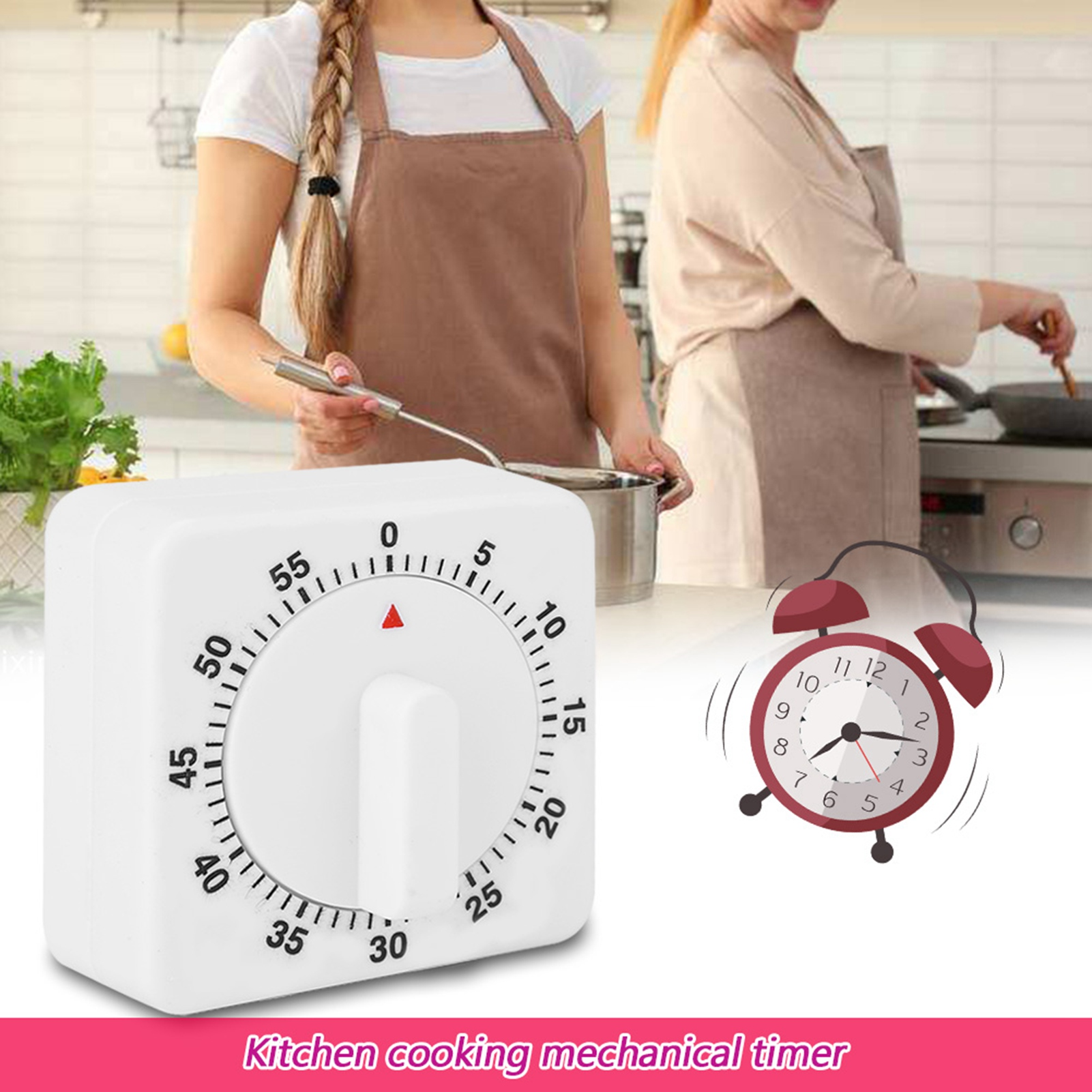 Weißer Küchenwecker mit Zahlen, eine rote Uhrenillustration und zwei Frauen in Schürzen beim Kochen.