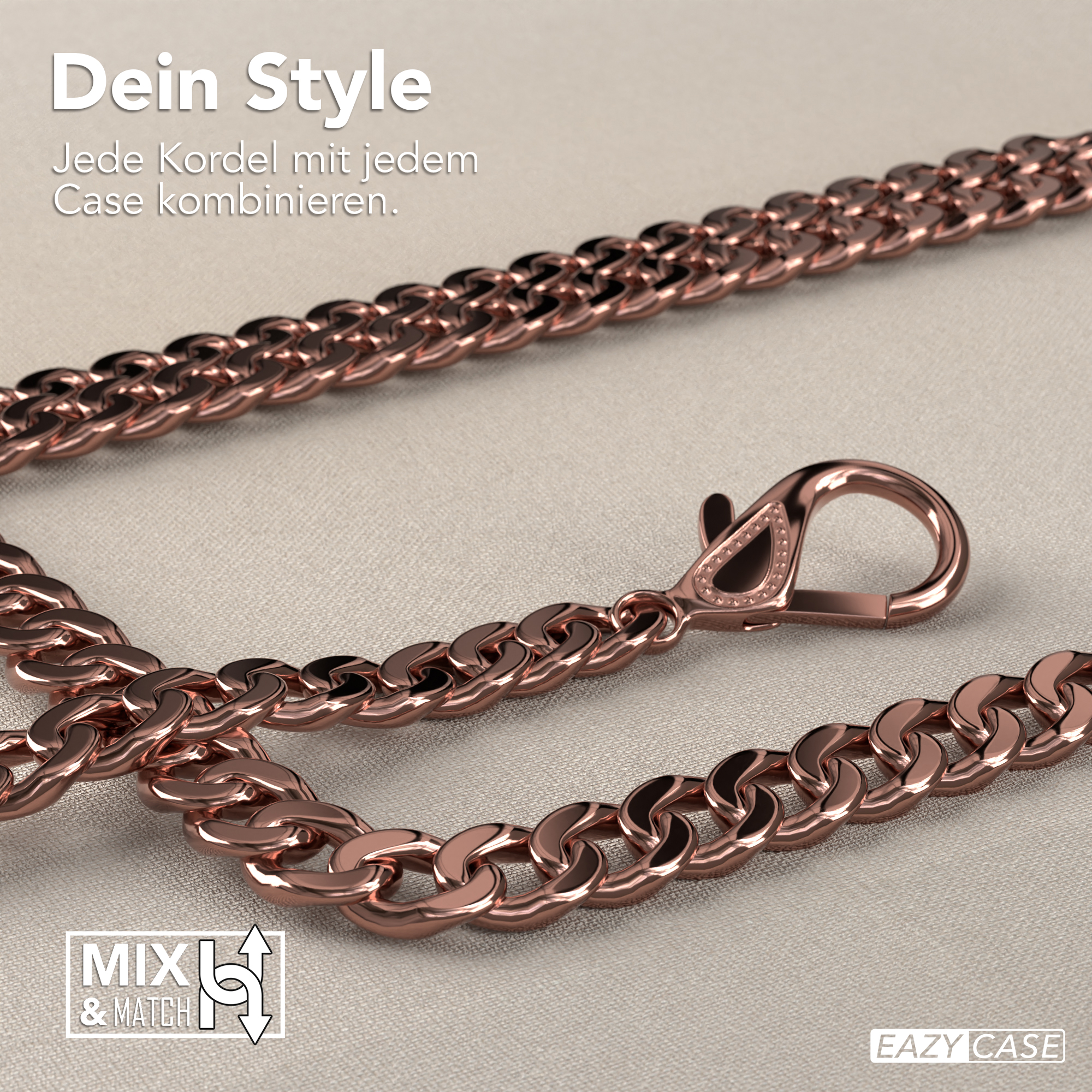 Eine roségoldene Kette mit Verschluss liegt auf einer beigen Oberfläche. Der Text 'Dein Style' steht oben.