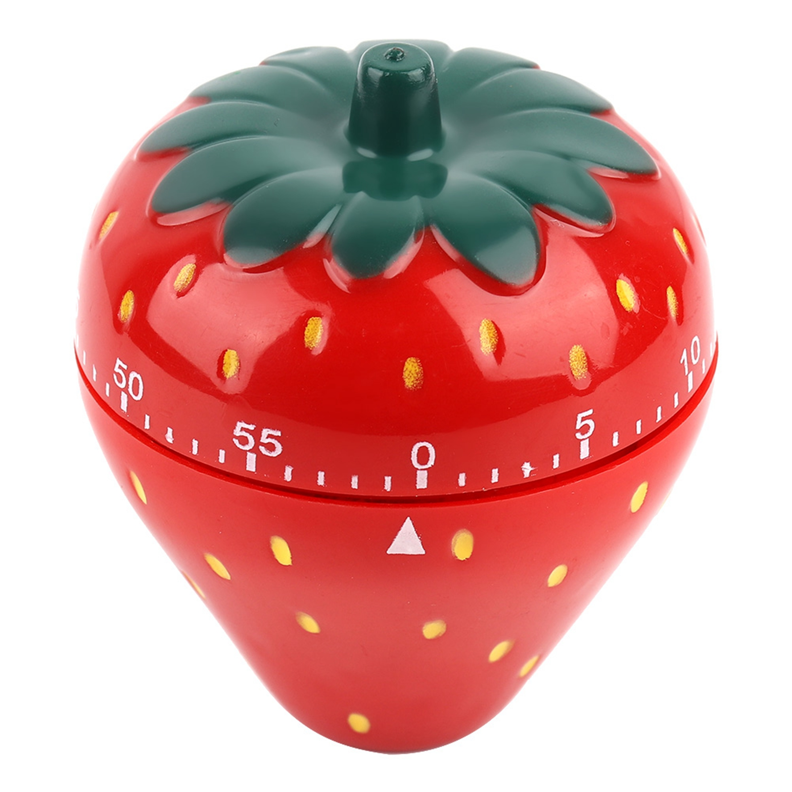 Ein erdbeerförmiger Küchentimer. Er ist rot mit gelben Punkten, grünen Blättern und einem Zifferblatt.