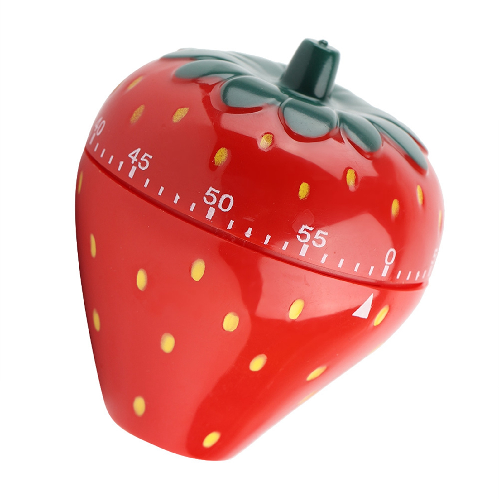 Ein roter, erdbeerförmiger Küchentimer mit gelben Punkten, grünen Blättern und einem schwarzen Deckel. Der Timer zeigt die Minuten an.