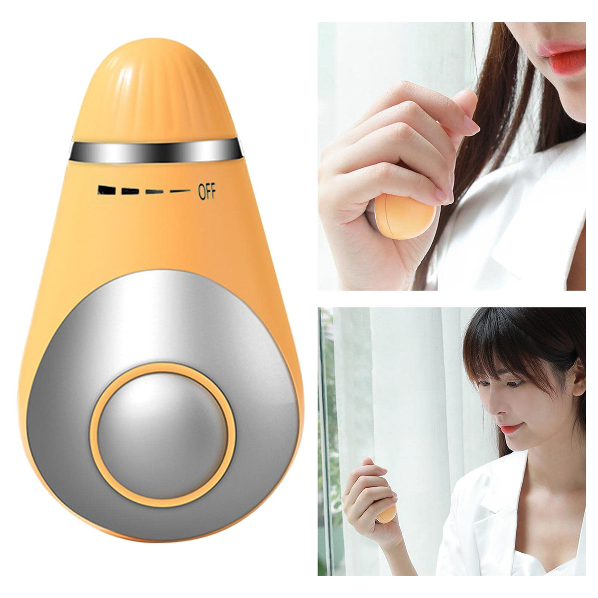 Ein orangefarbenes Gesichtsmassagegerät mit silbernen Details. Zwei Frauen halten ein kleines, eiförmiges Massagegerät.