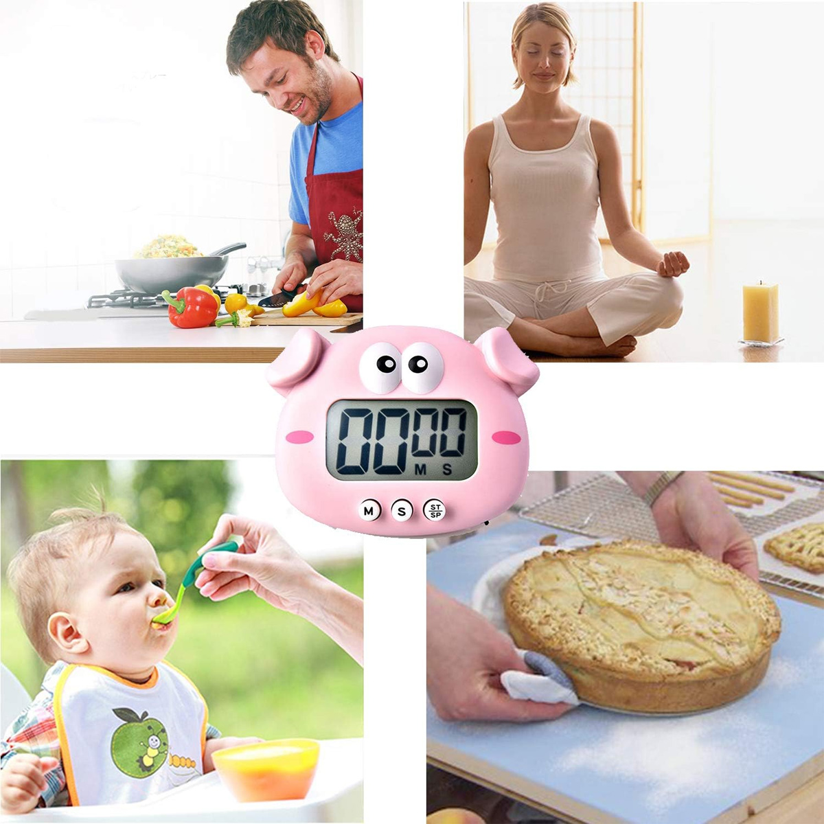 Das Bild zeigt einen Mann beim Kochen, eine meditierende Frau, ein Baby, das gefüttert wird, und eine vorbereitete Torte. In der Mitte befindet sich ein rosa Schweine-Timer.