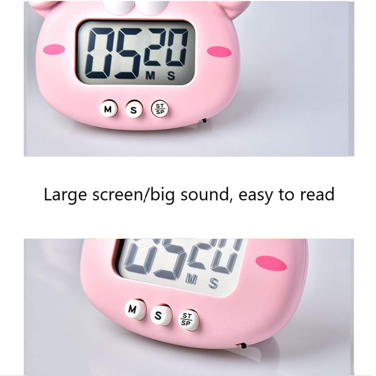 Ein rosa Timer in Gesichtsform zeigt 05:20 an. Er hat Knöpfe mit der Aufschrift M, S und ST/SP. Der Text 'Großer Bildschirm/großer Ton, leicht zu lesen' ist ebenfalls sichtbar.