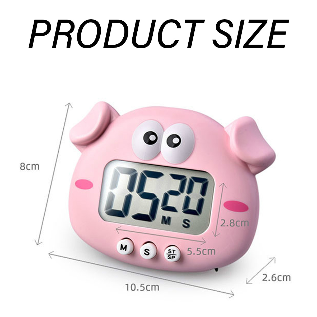 Ein rosa, schweineförmiger digitaler Timer mit beschrifteten Abmessungen. Das Display zeigt "05:20". Knöpfe sind mit "M", "S" und "ST/SP" gekennzeichnet.