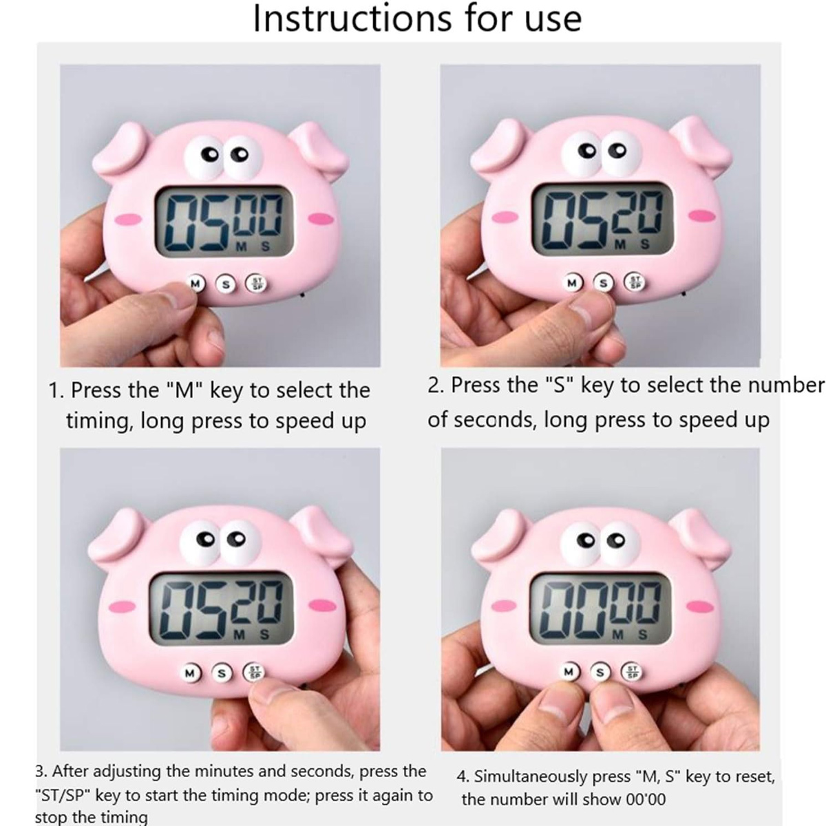 Rosa schweineförmiger Timer mit Digitalanzeige. Anweisungen zum Einstellen des Timers werden bereitgestellt.