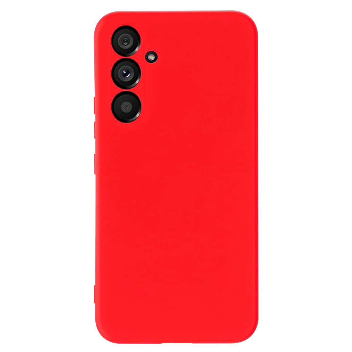 Una custodia rossa per smartphone con tre obiettivi e un flash. La custodia è di colore rosso pieno, con una superficie liscia e bordi arrotondati.