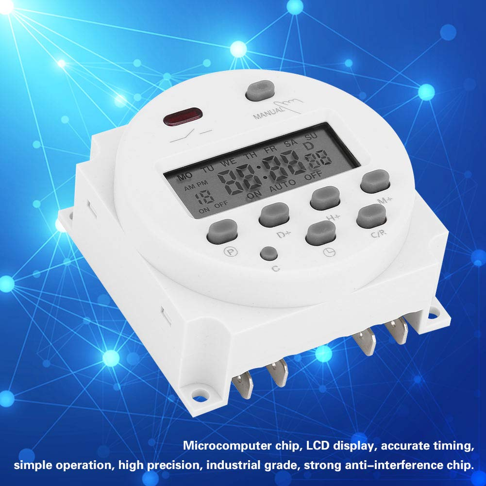 Ein weißer digitaler Timer mit Tasten und einer Anzeige, die die Zeit anzeigt. Text unten beschreibt den Chip und seine Funktionen.
