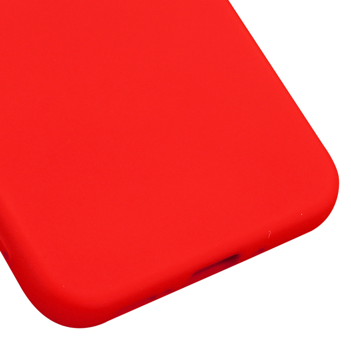 Primo piano di una custodia rossa per telefono su sfondo bianco. La custodia ha una superficie liscia, angoli arrotondati e una piccola apertura.