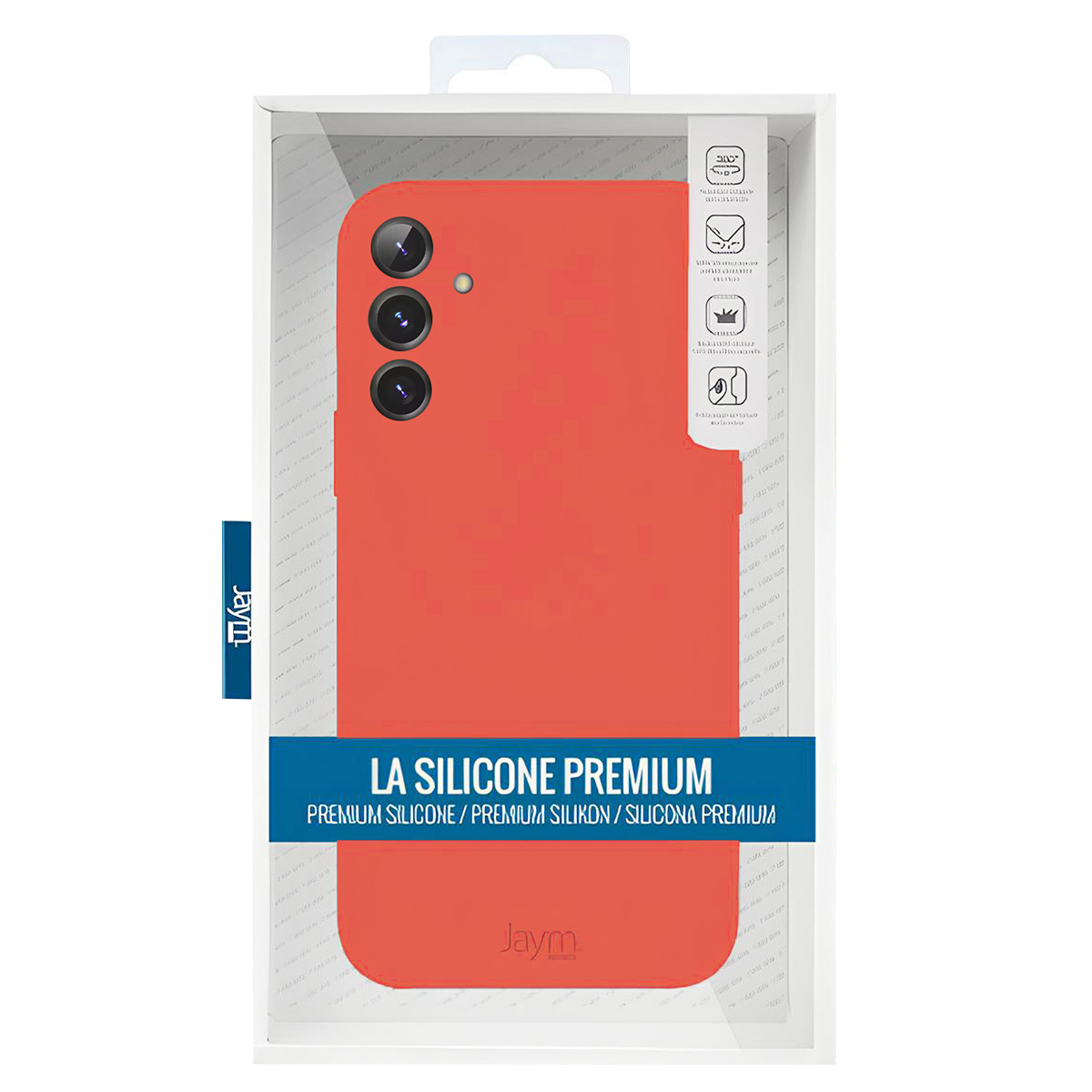 Una custodia rossa per telefono in una scatola. La custodia ha lenti della fotocamera. La scatola ha il testo: La Silicone Premium e il logo Jaym.