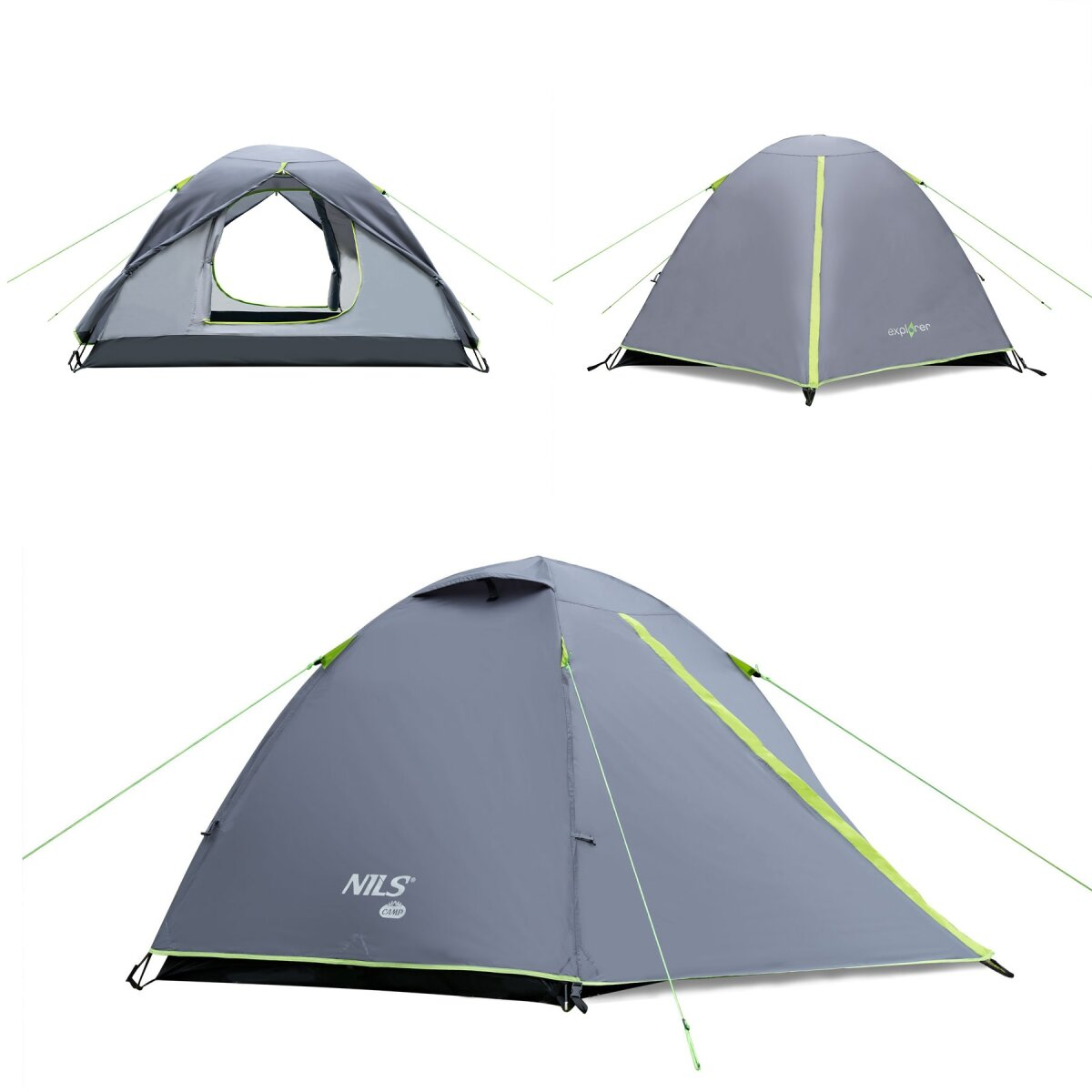 Drie grijze kampeertenten op witte achtergrond. Elke tent heeft groene accenten en touwen. Eén tent heeft een open deur.