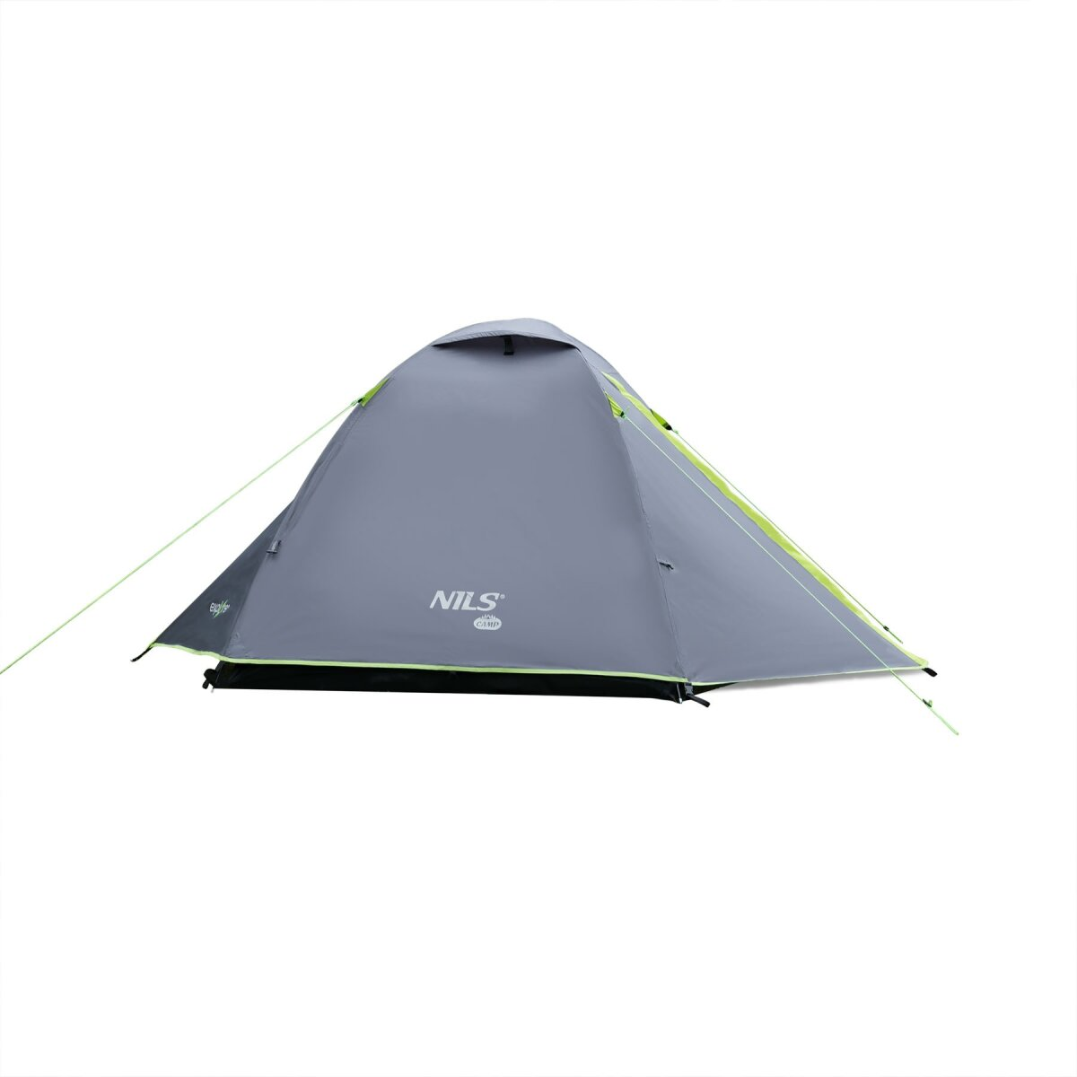 Een grijze tent met groene accenten en scheerlijnen. De tent is gemarkeerd met 'NILS' en verschijnt op een witte achtergrond.