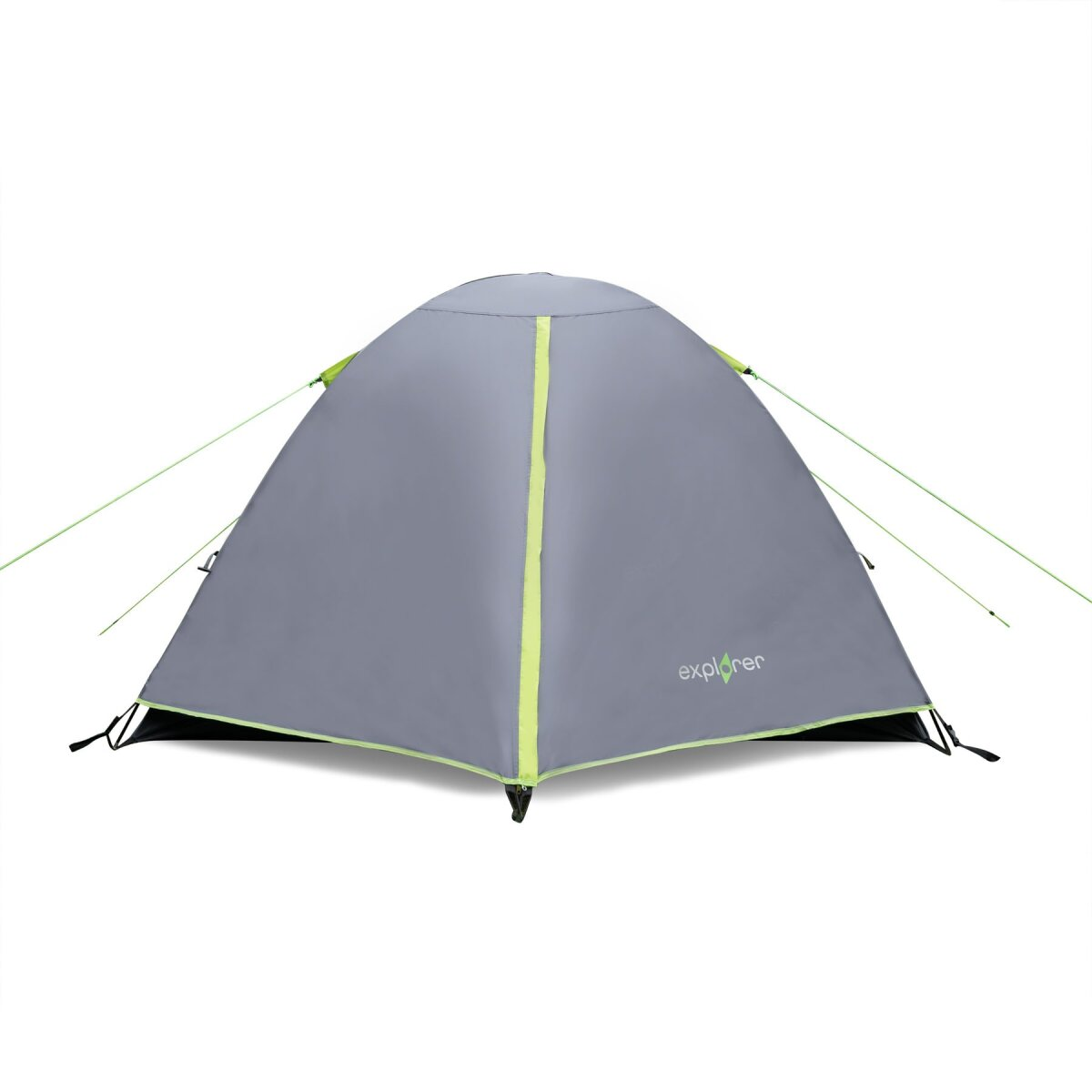 Een grijze tent met groene accenten en scheerlijnen tegen een witte achtergrond. Het woord 'explorer' staat op de zijkant.