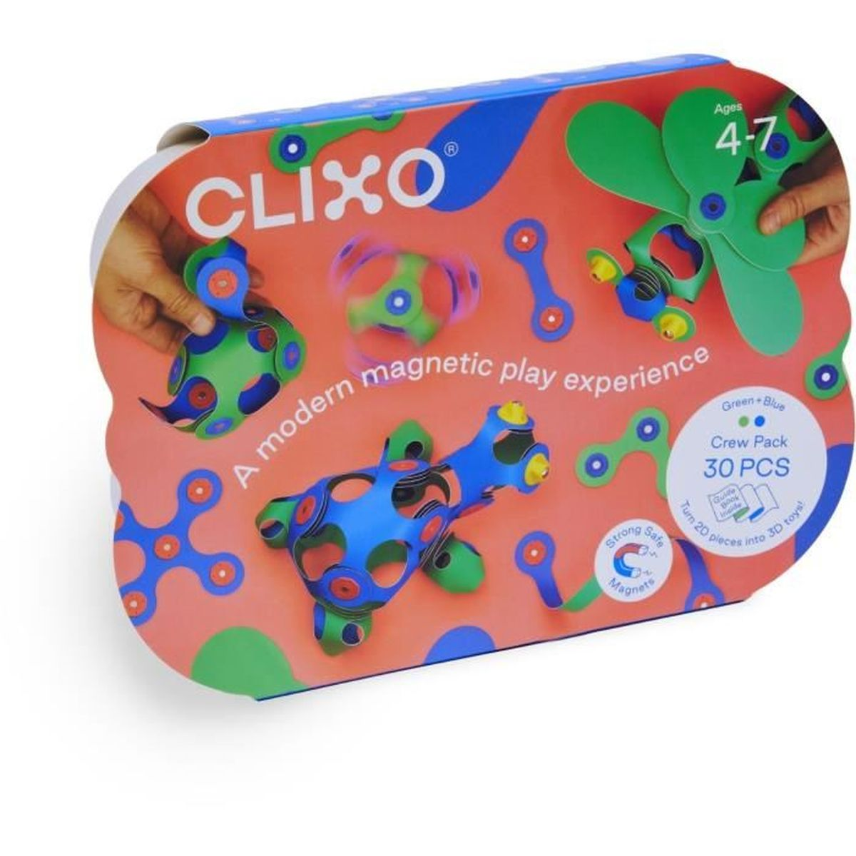 Scatola di giocattoli da costruzione magnetici Clixo. Presenta pezzi verdi, blu e rossi per bambini dai 4 ai 7 anni. Include 30 pezzi per costruire giocattoli 3D.