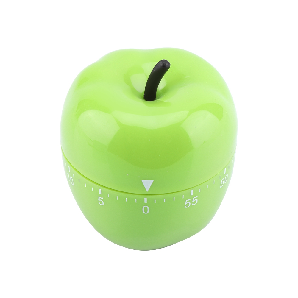 Ein grüner, apfelförmiger Küchentimer mit einem schwarzen Stiel. Der Timer hat weiße Markierungen für Minuten und einen weißen Pfeil.