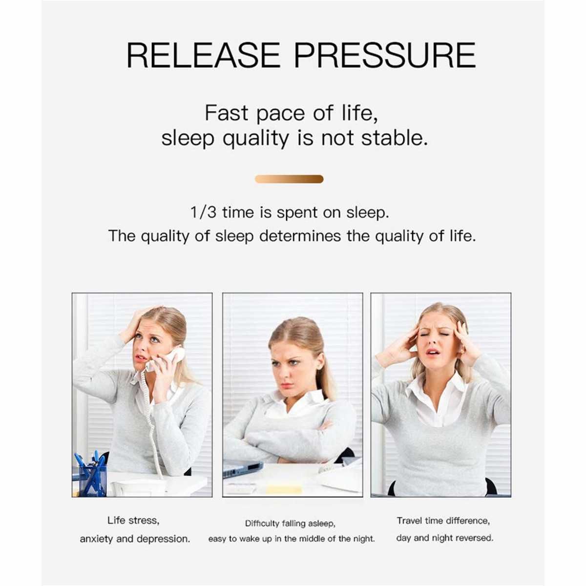 Das Bild zeigt Text über Schlafqualität und Stress. Drei Bilder einer Frau, die Stress erlebt, werden gezeigt. Text beschreibt Ursachen von Stress.