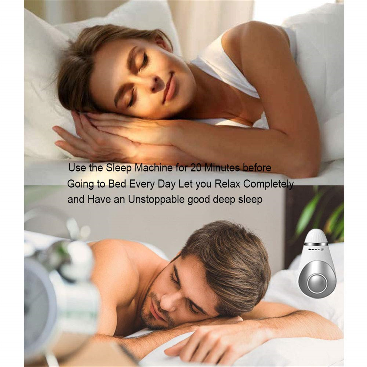 Das Bild zeigt eine schlafende Frau und einen schlafenden Mann. Text-Overlay: Verwenden Sie die Sleep Machine 20 Minuten vor dem Schlafengehen für tiefen Schlaf.