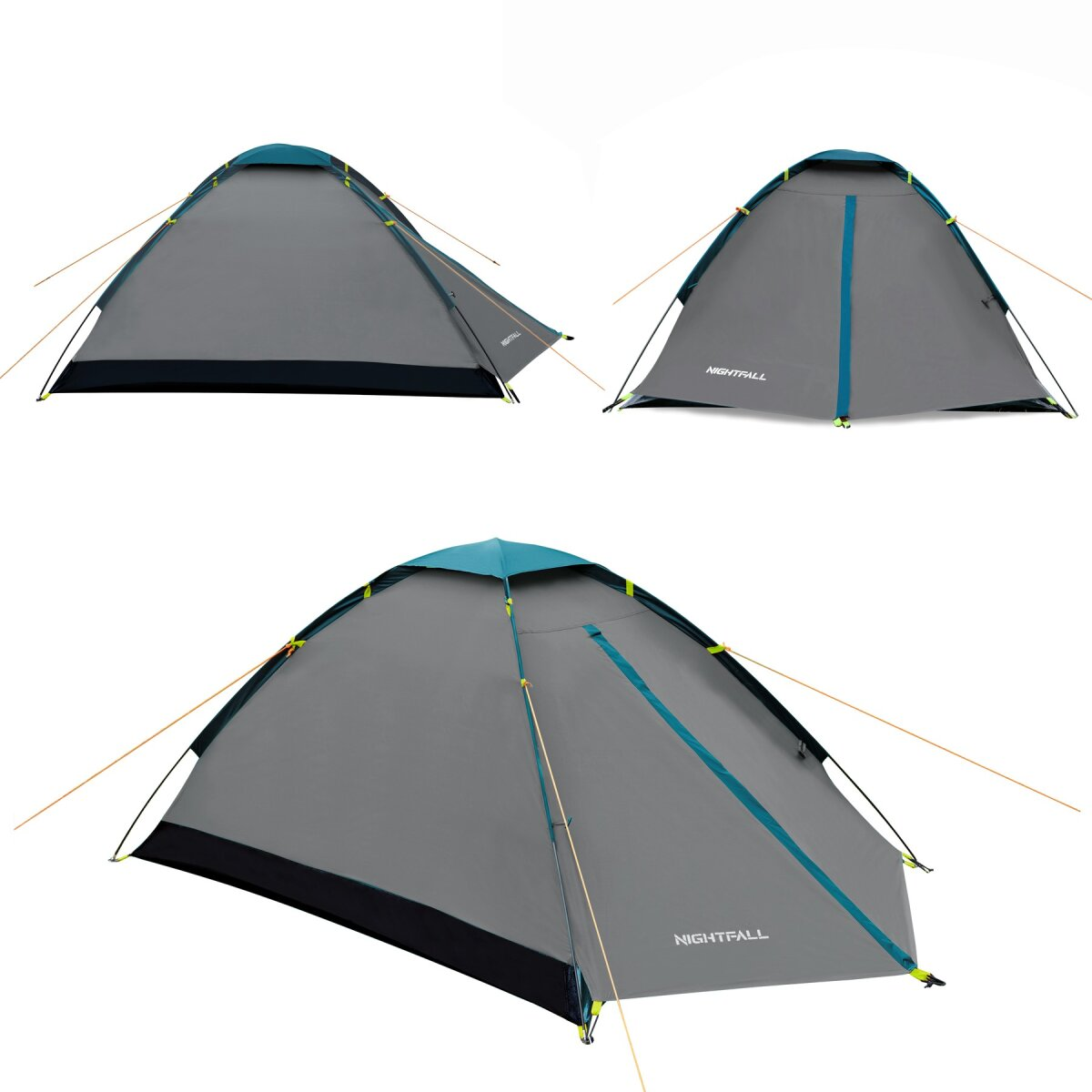 Drie aanzichten van een grijze kampeertent met turquoise accenten en het woord 'NIGHTFALL'. De tent heeft palen en scheerlijnen.