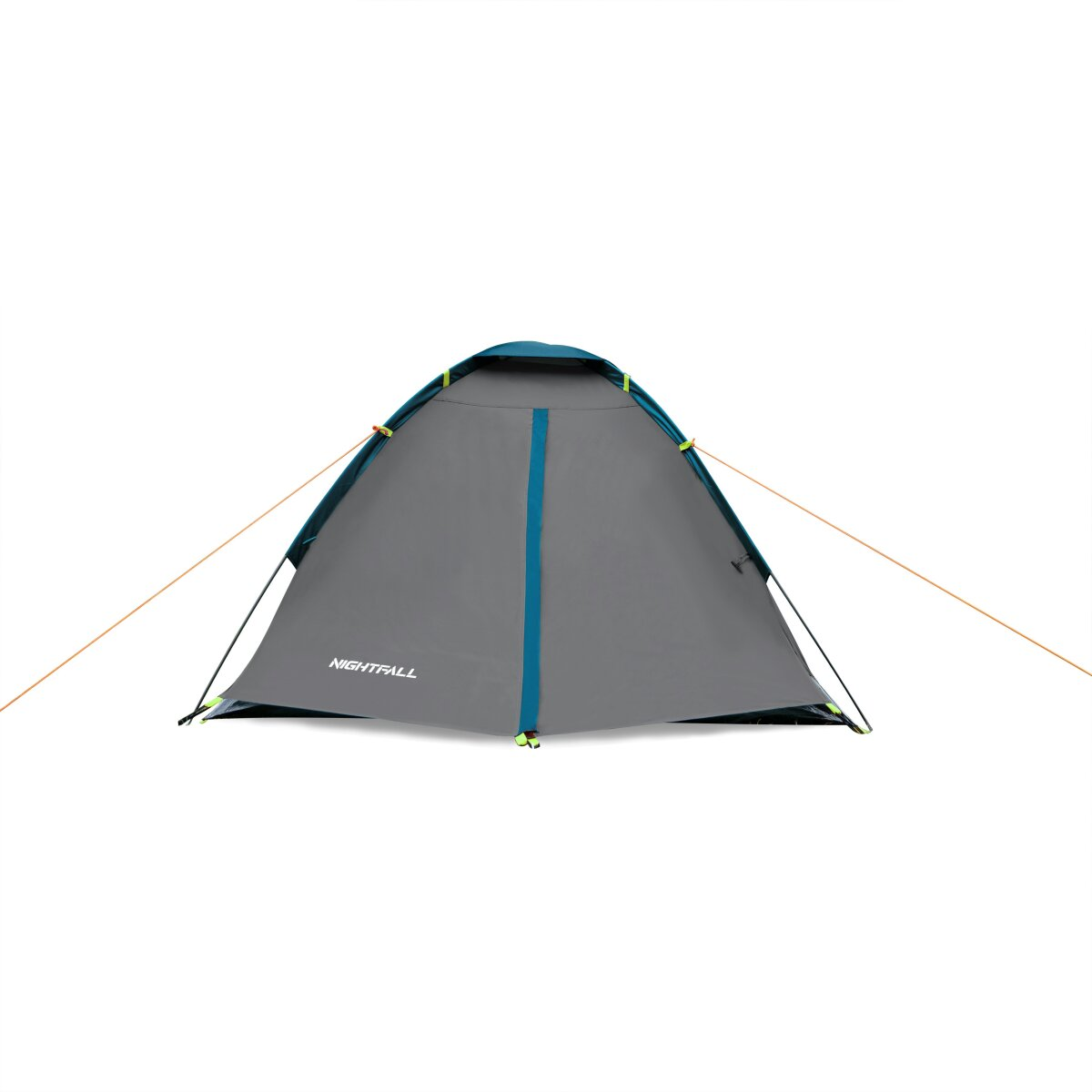 Een grijze tent met blauwgroene accenten en scheerlijnen, tegen een witte achtergrond. Op de tent staat "NIGHTFALL".