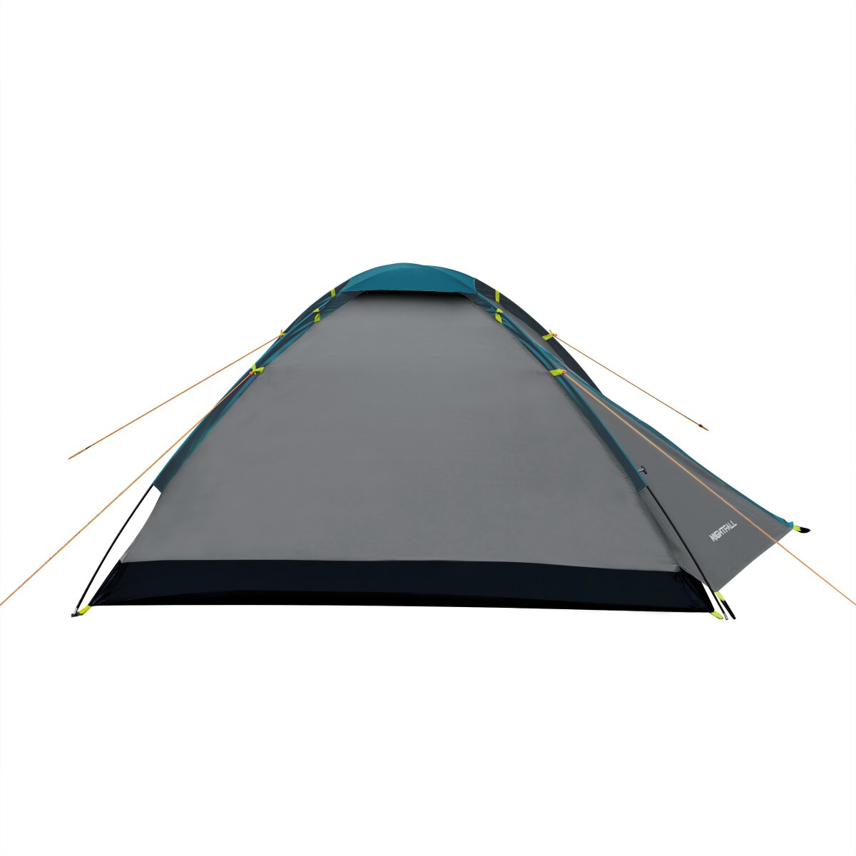Een grijze kampeertent met een tealkleurige bovenkant staat tegen een witte achtergrond. Scheerlijnen lopen van de tent af. De merknaam is NIGHTFALL.