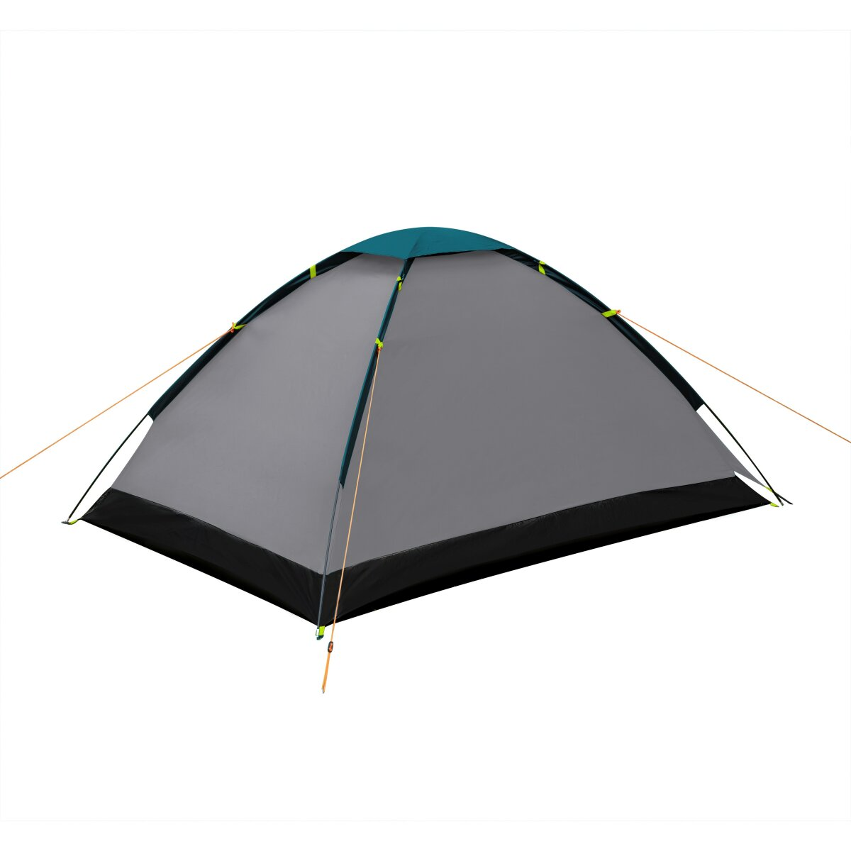 Een grijze tent met een blauwgroen dak staat tegen een witte achtergrond. Het heeft zwarte randen en steunkoorden.