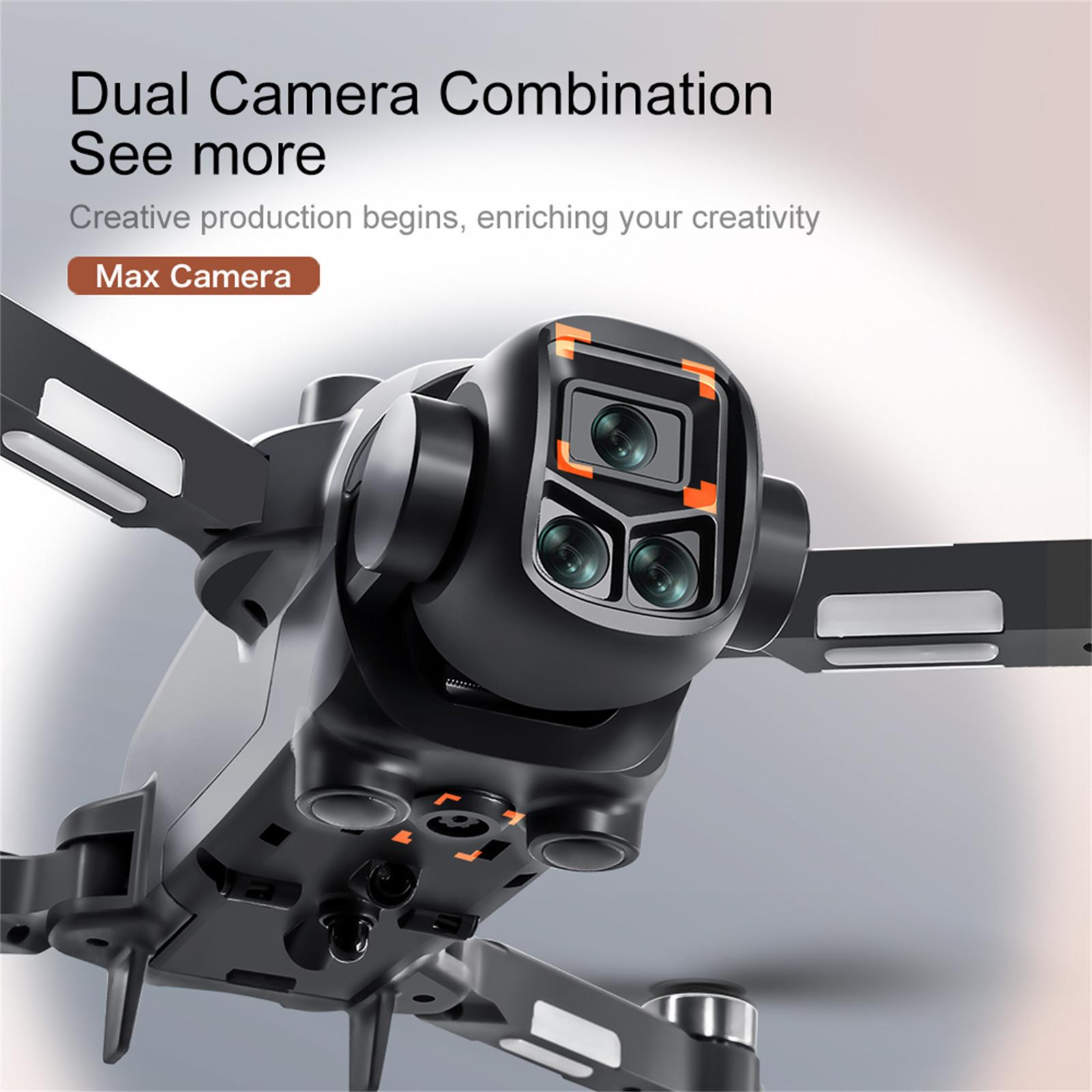 Eine schwarze Drohne mit mehreren Kameras. Text lautet 'Dual Camera Combination See more'.