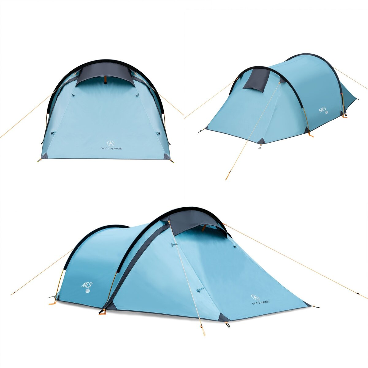 Drie aanzichten van een lichtblauwe tent met zwarte accenten. De tent heeft de logo's 'northpeak' en 'MLS', met scheerlijnen.