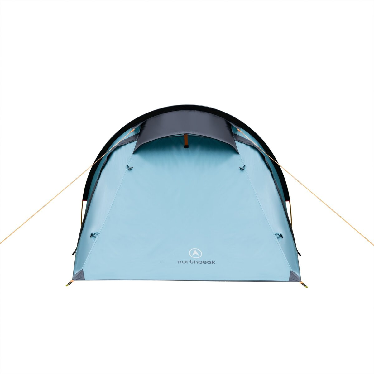 Een lichtblauwe tent met een zwart dak en een merklogo. Twee touwen lopen van de tent, alles tegen een witte achtergrond.
