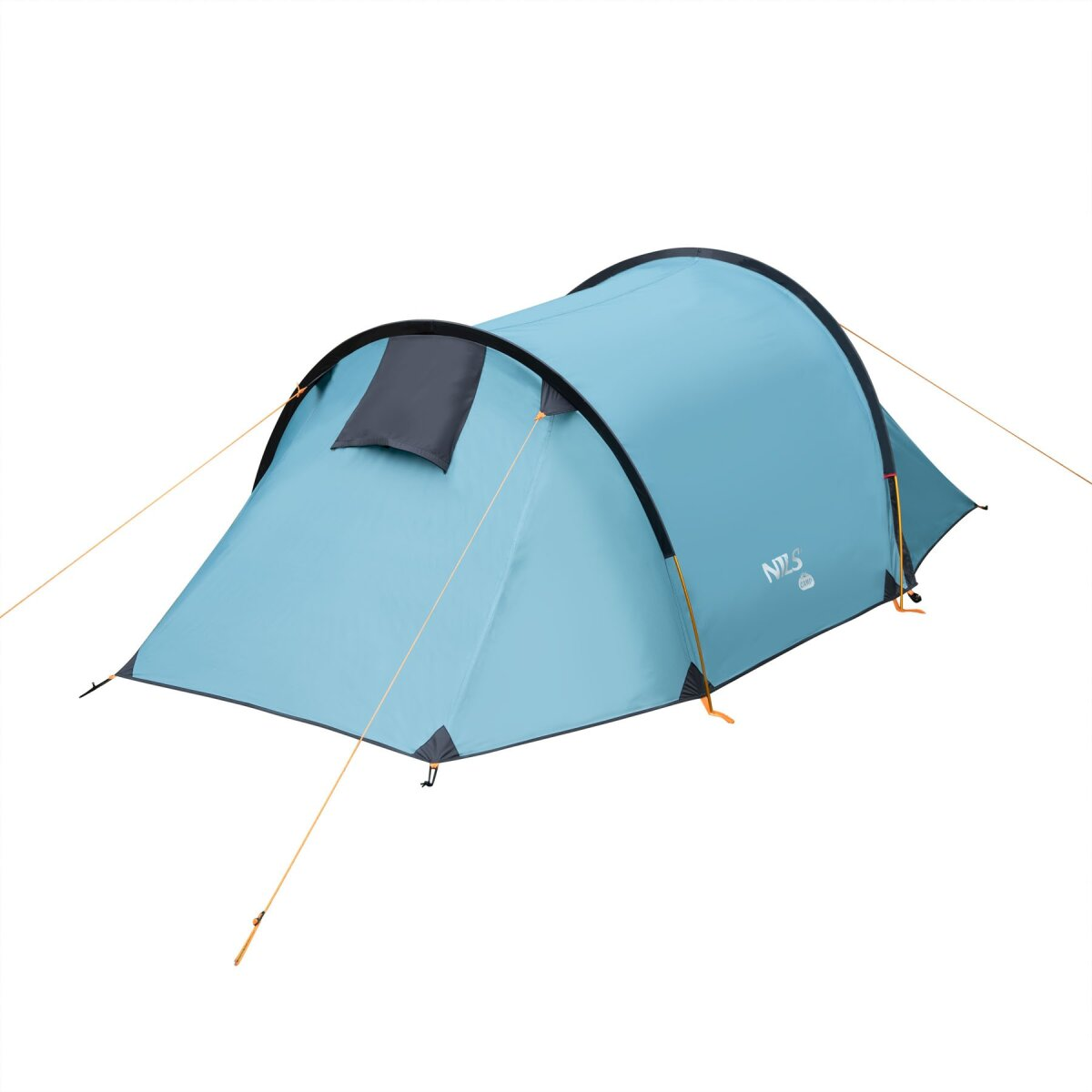 Een lichtblauwe tent met zwart frame en een donkergrijs raam. Scheerlijnen en de tent zelf op witte achtergrond.