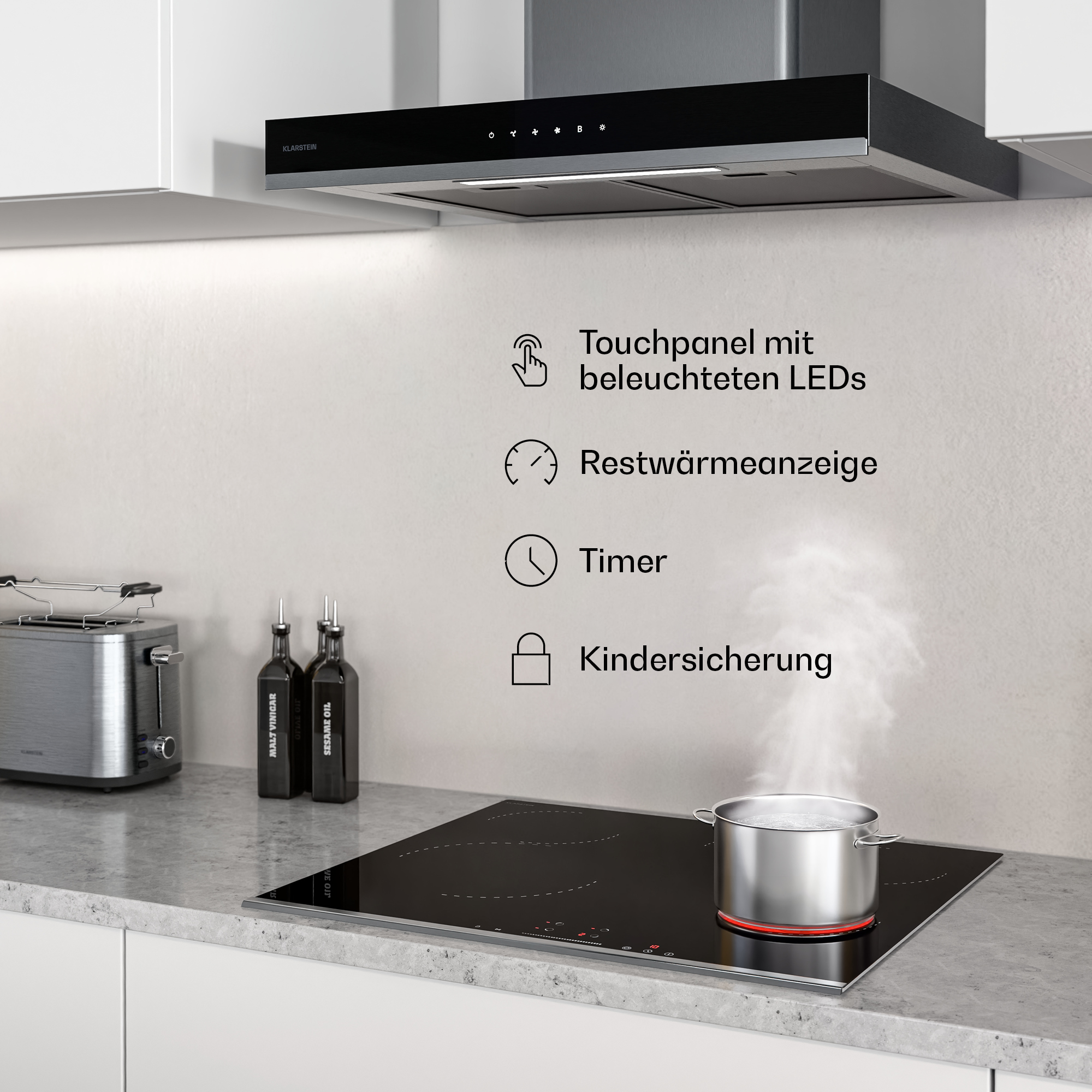 Küchenszene mit Kochfeld, Topf mit Dampf, Dunstabzugshaube und Toaster.