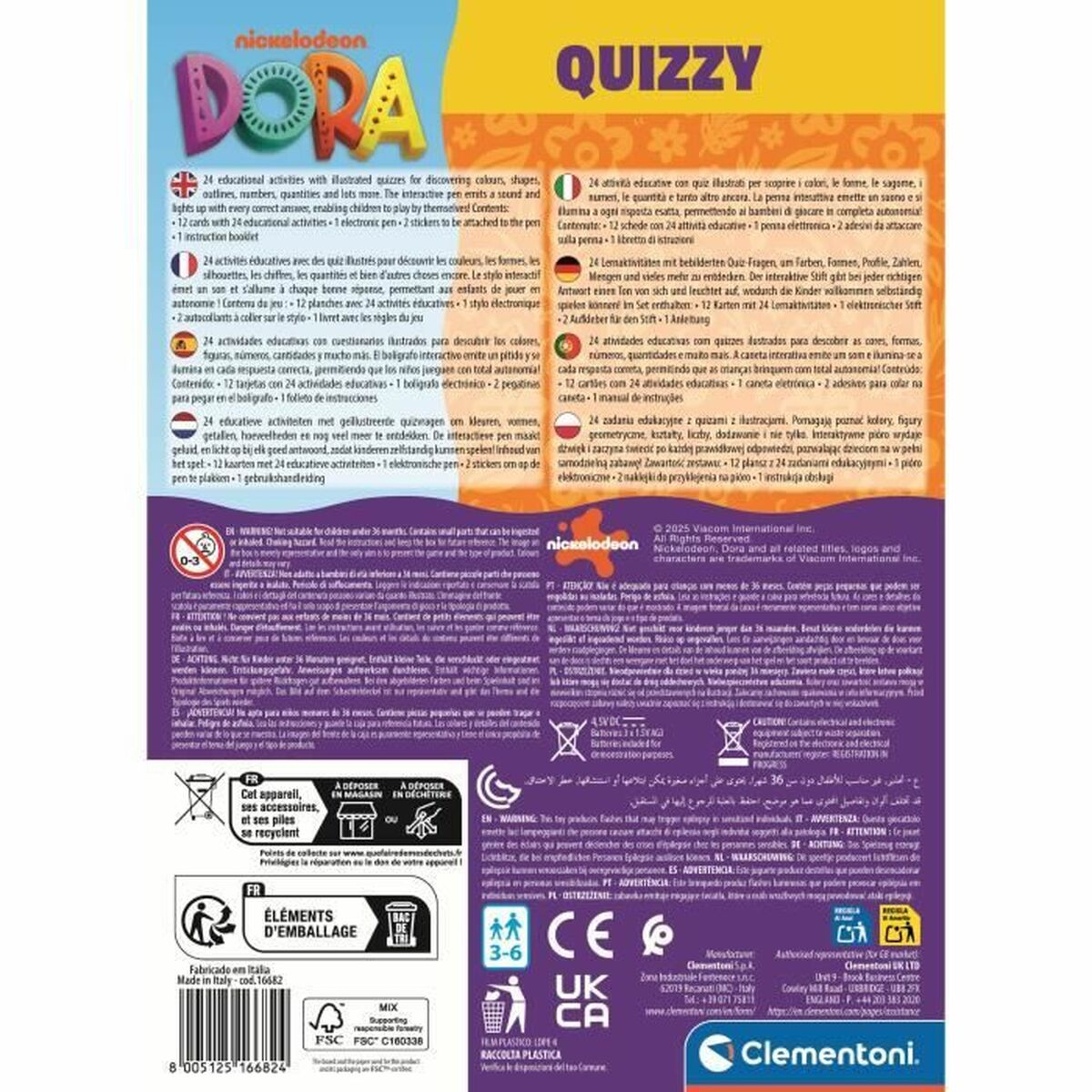 Schachtel mit Dora der Entdeckerin. Quizzy-Spiel mit Text und Bildern. Enthält viel Text und Illustrationen.