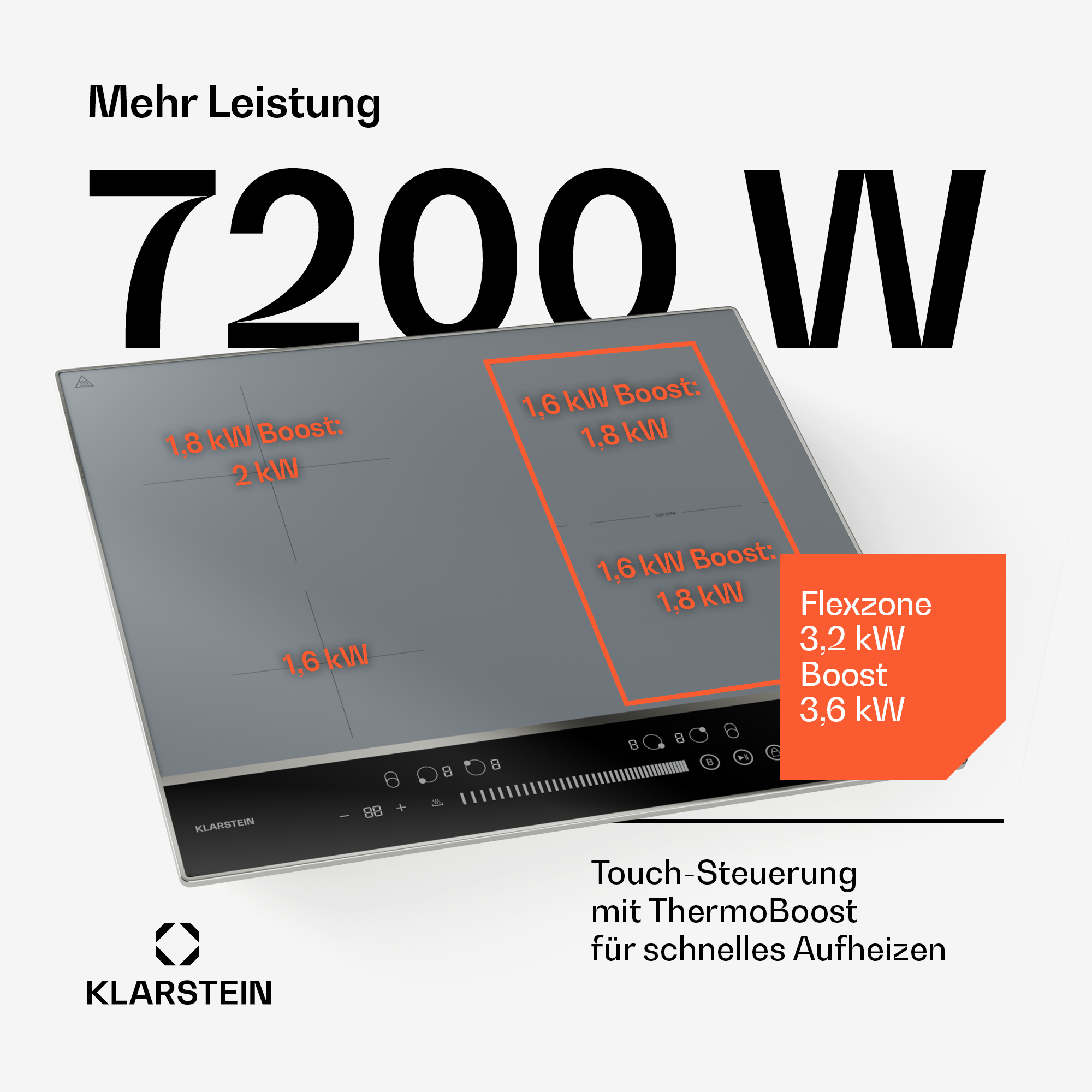 Induktionskochfeld mit Leistungsdetails. Das Bild zeigt ein schwarzes Kochfeld mit orangefarbenem Text, der die Leistung hervorhebt.