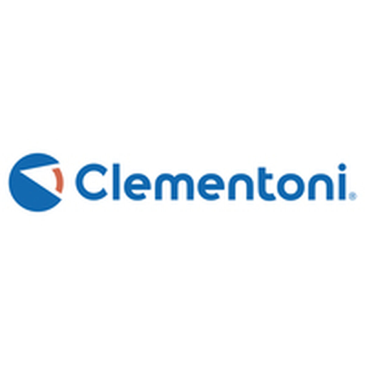 Das Clementoni-Logo auf weißem Hintergrund. Es zeigt einen blauen Kreis mit einer weißen und orangefarbenen Form und das Wort Clementoni in Blau.