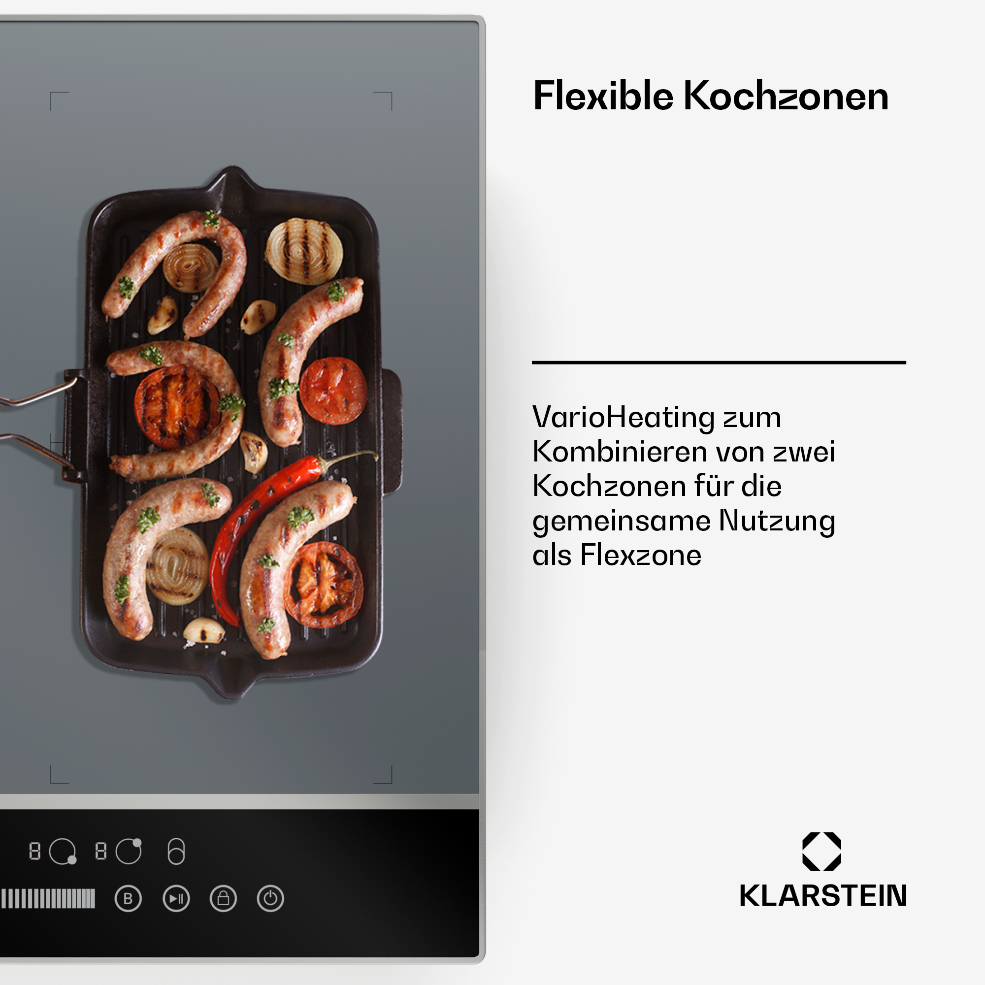 Grillpfanne mit Würstchen, Tomaten, Zwiebeln und einer Chilischote auf grauer Oberfläche, mit Bedienfeld unten.