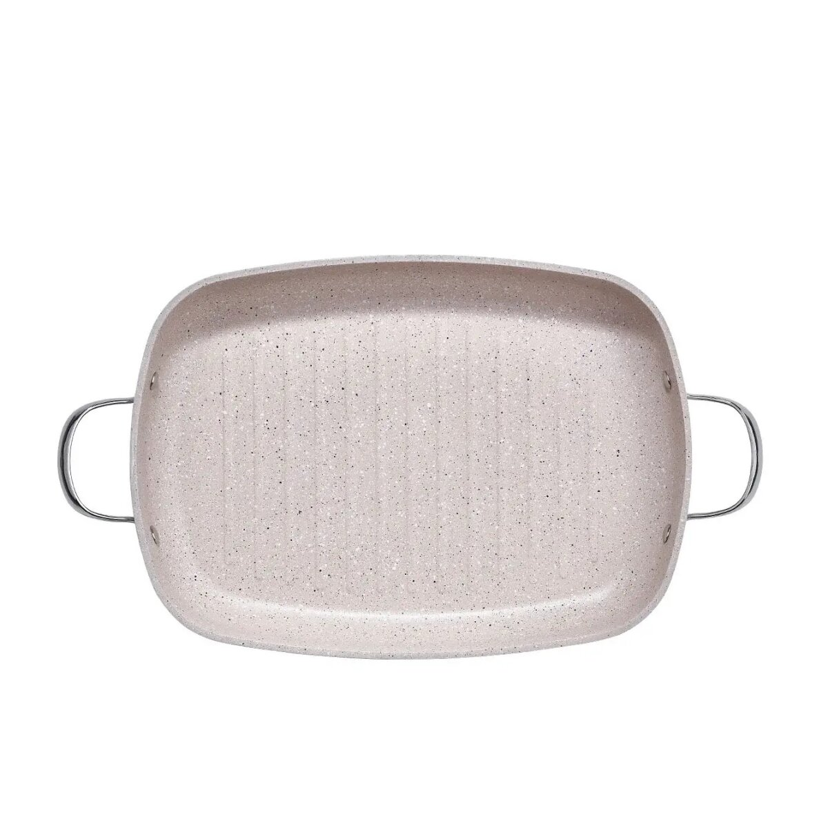 Een lichtbeige, rechthoekige grillpan met een gespikkelde textuur. Het heeft twee metalen handvatten aan elke kant, tegen een witte achtergrond.