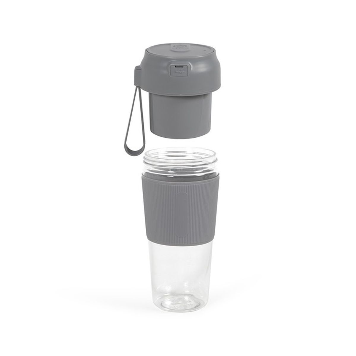Ein grauer, zerlegter Mixer. Der obere Teil hat einen Griff, der untere Teil ist ein klarer Becher mit einer grauen Hülle.