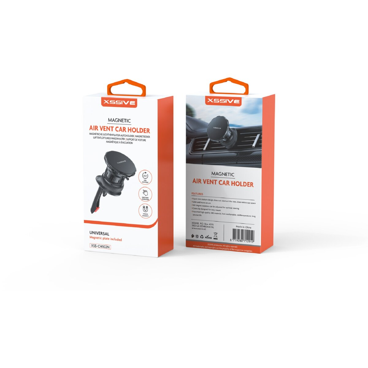 Er worden twee dozen van een magnetische auto-ventilatiehouder getoond. Het product is zwart en de dozen zijn wit en oranje.