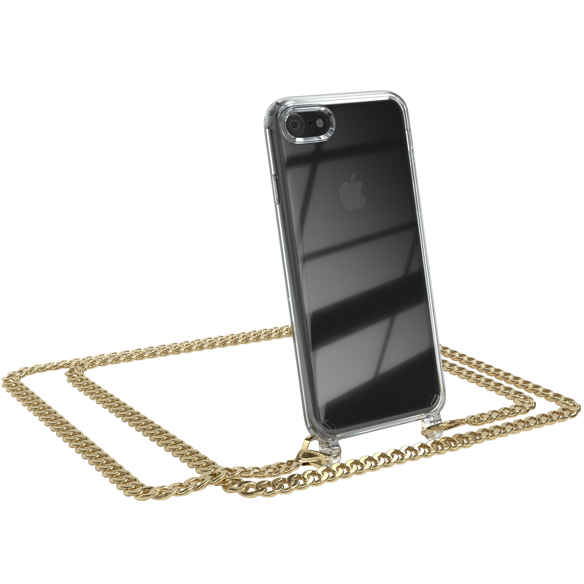 Ein iPhone in einer durchsichtigen Hülle mit einer goldenen Kette. Das Telefon ist leicht geneigt und zeigt das Apple-Logo. Weißer Hintergrund.
