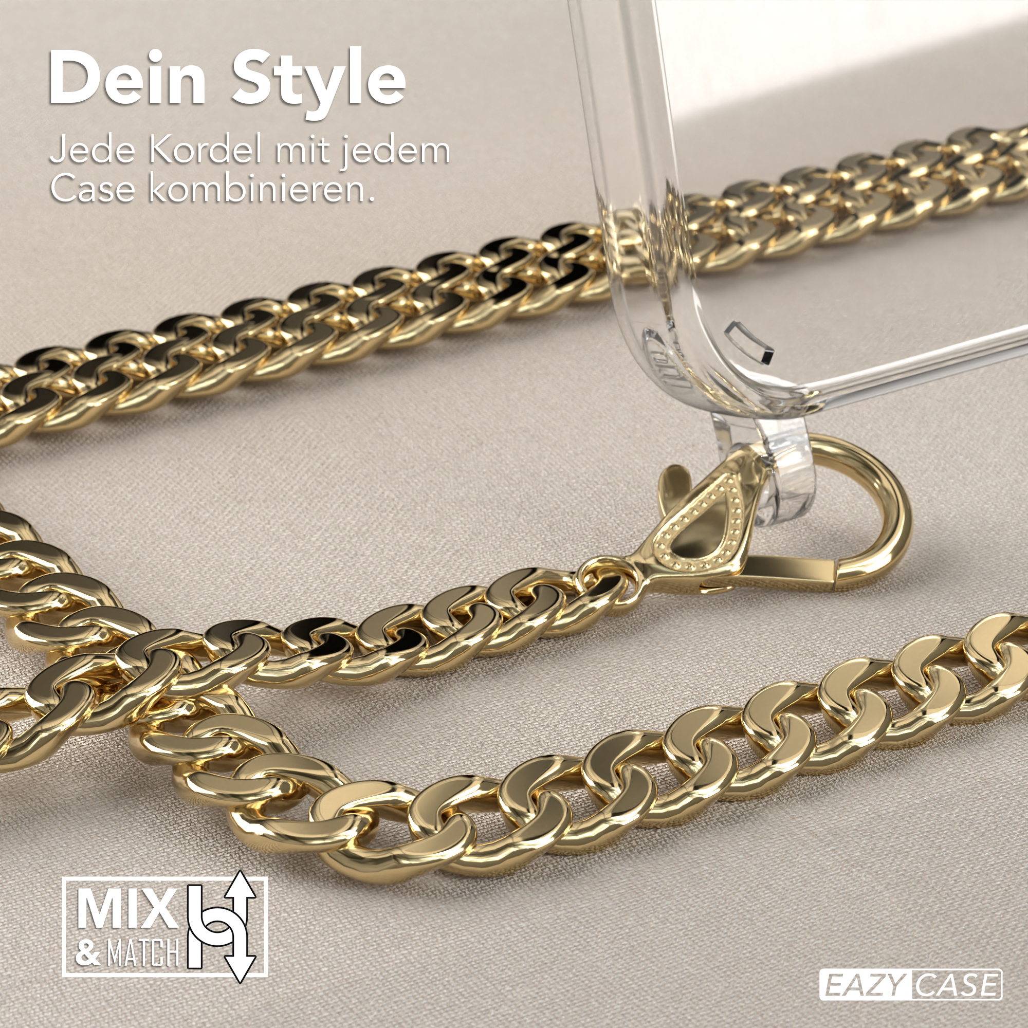 Goldkette und transparente Handyhülle auf beigem Hintergrund. Text: Dein Style. Mix & Match.