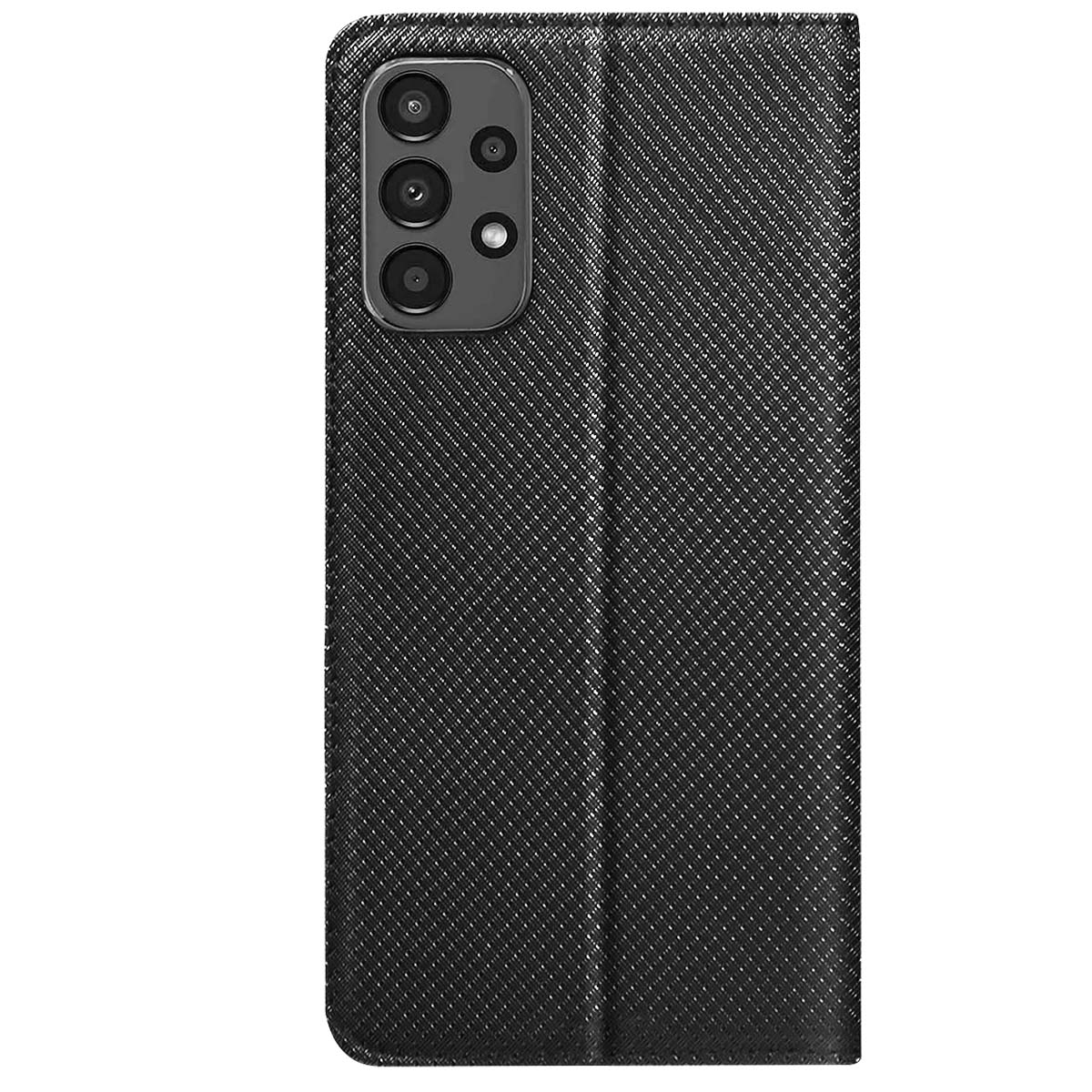 Custodia per telefono nera con superficie testurizzata. Ha un modulo fotocamera con più obiettivi. La custodia è piegata e sembra nuova.